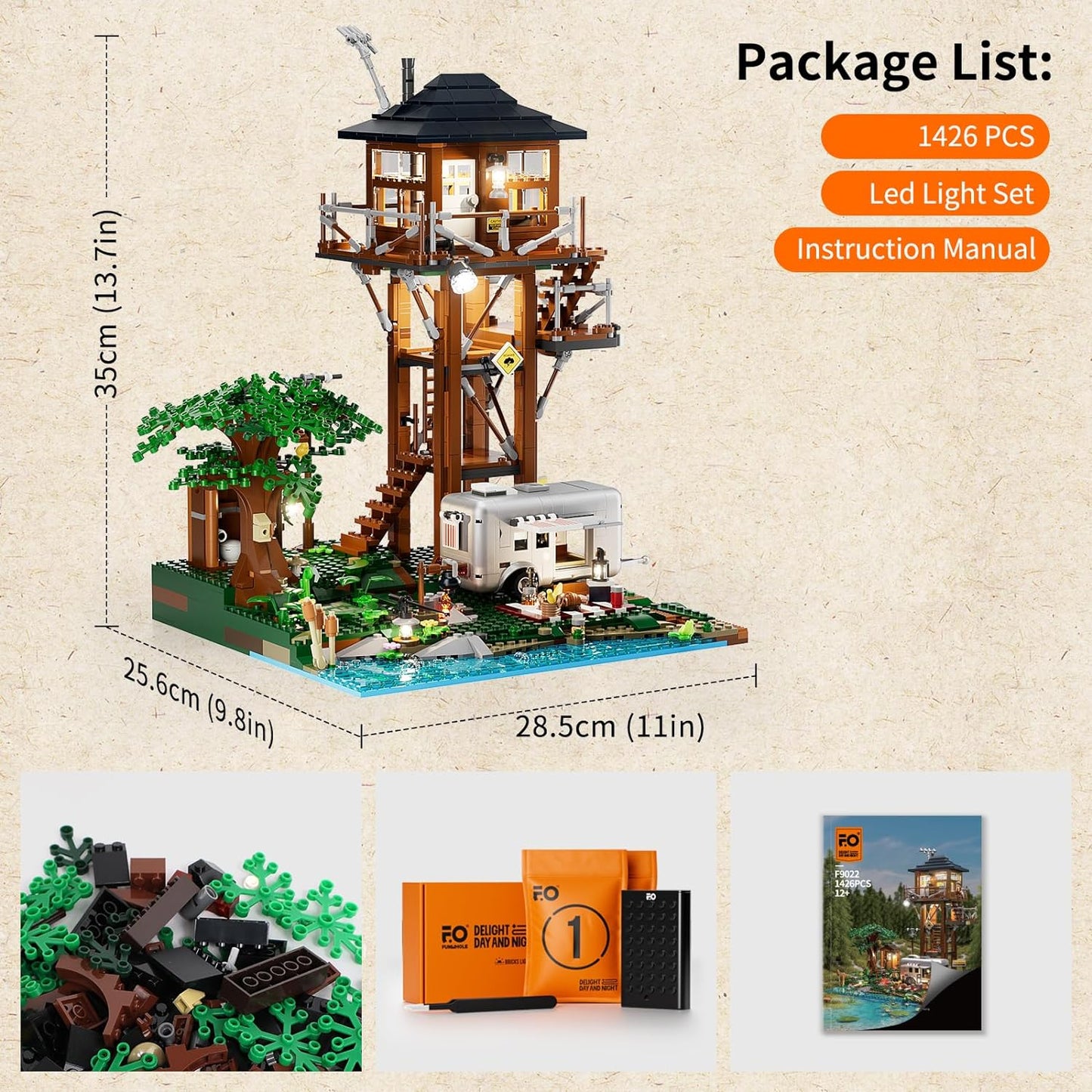 FUNWHOLE Observation Tower Tent Site Construction Set with LED Lighting, 1426 Pieces Retro Tower Camping Model Building Blocks Camper Van and Forest Building Kit Toy for Adults and Teenagers