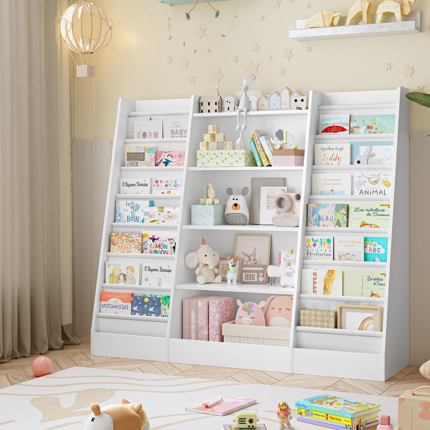 FOREHILL 129 cm Breite Kinderregal, Bücherregal für Kinder mit 14 Ablagen, Kinderzimmer Möbel aus Holz, Spielzeugregal, Regal für Kinderzimmer, Kindergarten, Leseecke, 129 x 120 x 35 cm (weiß)