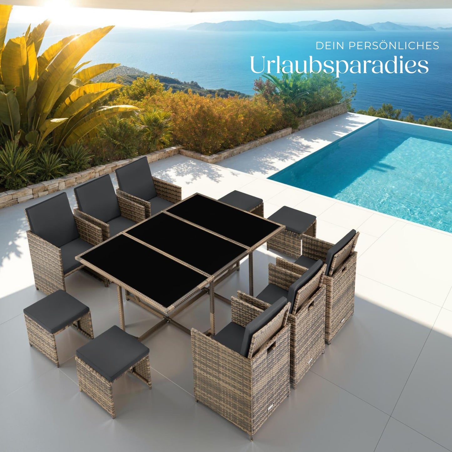 tectake® Outdoor Balcony Garden Furniture Set, Lounge with 6 Chairs, 4 Stools and 1 Table, Poly Rattan Wicker, Weatherproof, Space-Saving - Grey