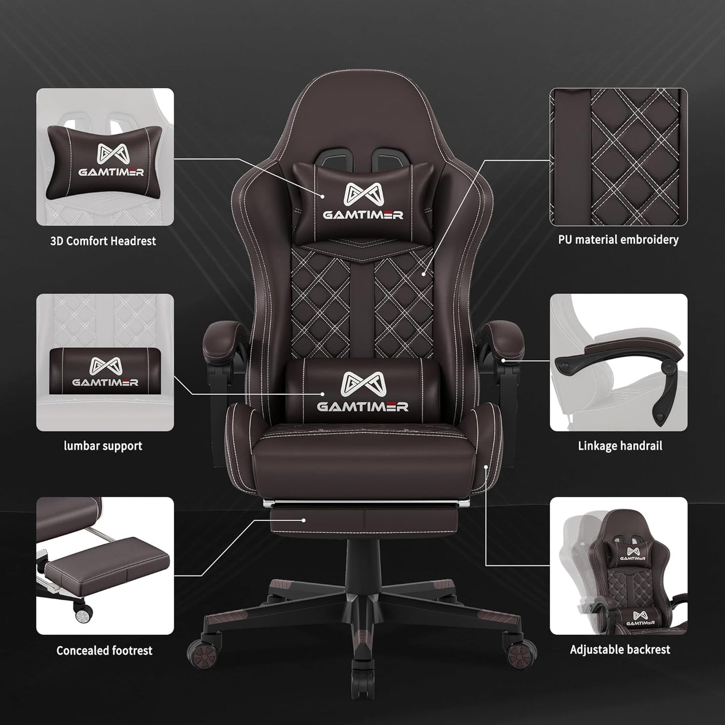 Gaming Chair, Ergonomic Office Chair, PC Chair, Gaming Chair, Lumbar Cushion and Footrest, PU Leather Gamer Chair, Adjustable Backrest from 90-155°, Height Adjustable 360° Swivel Chair (Pink)
