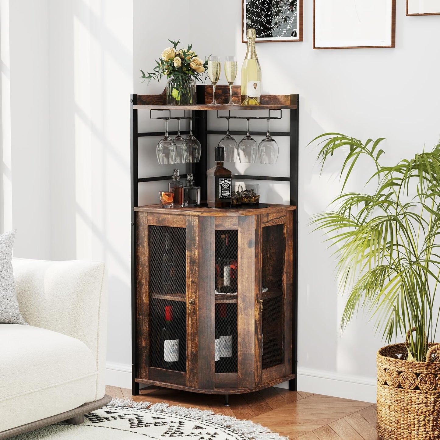 GIANTEX Weinschrank Eckschrank Industrial, Barschrank mit Glashalter, Weinbarschrank mit verstellbarem Regal, Küche Hausbar mit Metallgittertüren, Küchenschrank mit Kippschutz, 46 x 46 x 130 cm