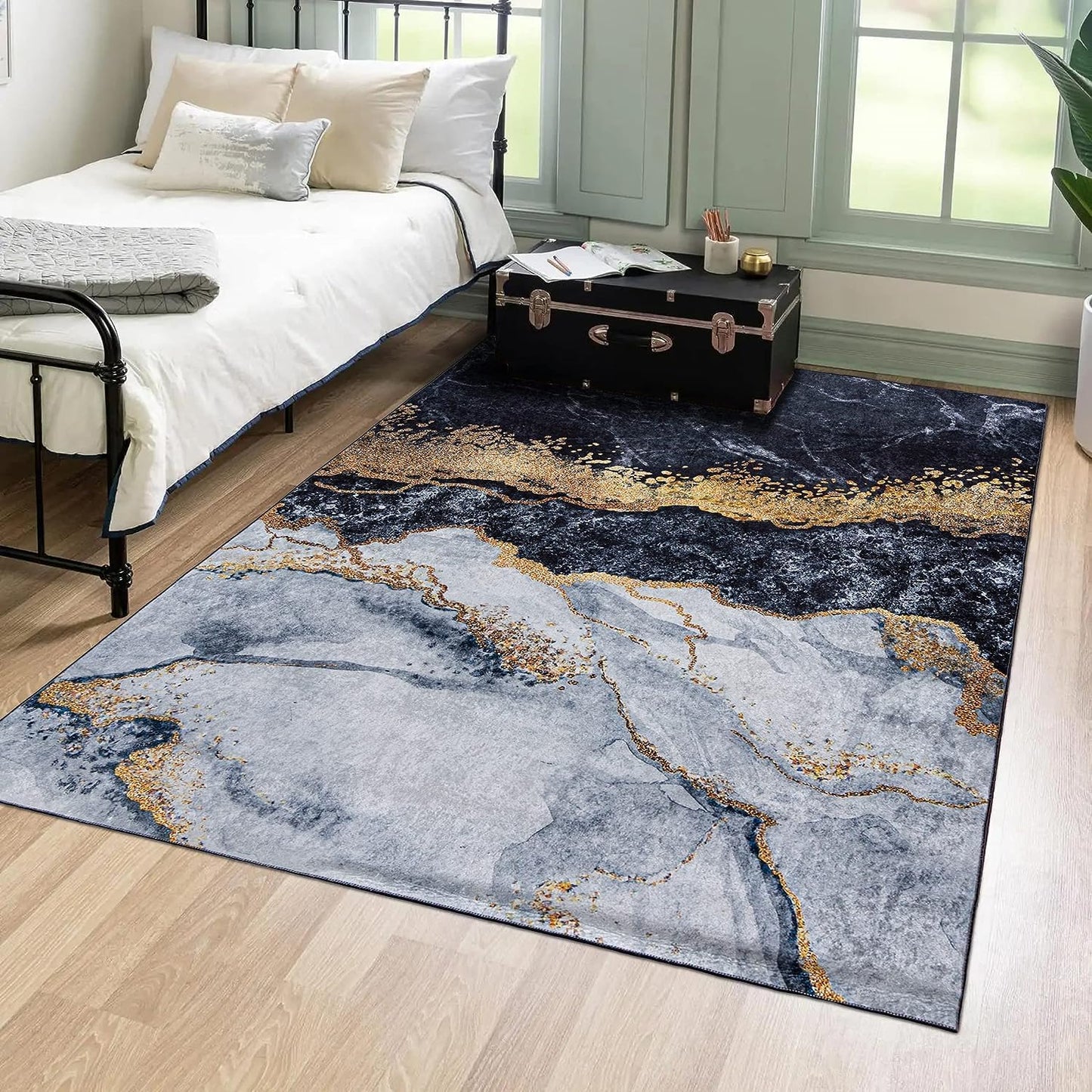 Mazovia Modern Teppich - Kurzflor Waschbar - Weich Teppich für Wohnzimmer, Schlafzimmer, Esszimmer – Teppiche Marmor Abstrakt Muster - Schwarz Gold 160 x 230 cm