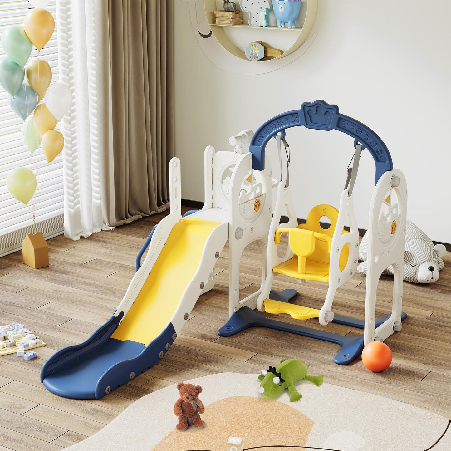 DADEA 6 in 1 Kinderrutsche mit Korb, Rutsche und Schaukel für Kinder im Freien Grün, 150 × 150 × 115 cm, Babyschaukel und Rutsche für Kinder zu Hause Schaukel Kinderrutsche, Grün