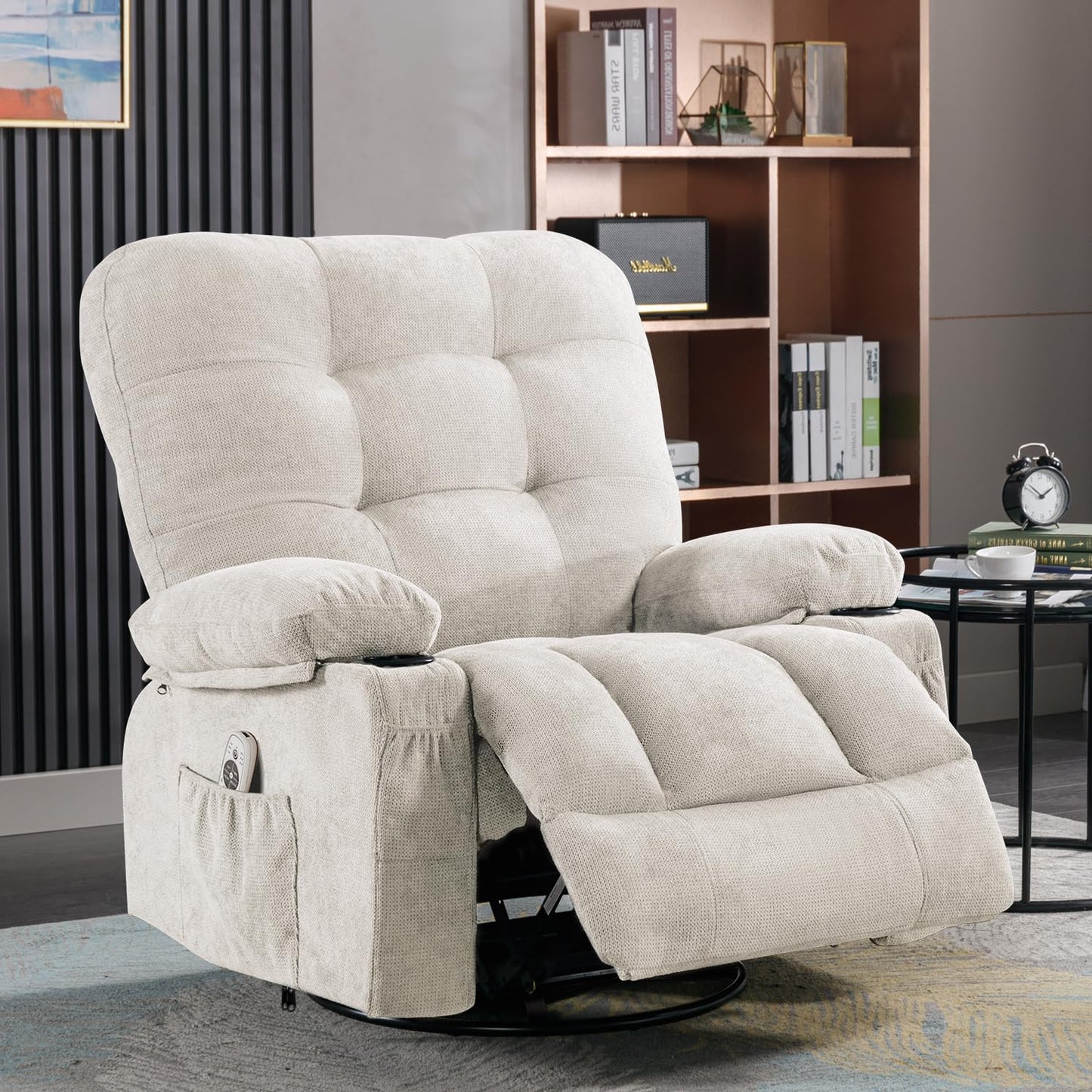 Bosmiller Relaxsessel mit Liegefunktion Massagesessel Oversize Fernsehsessel 360°Drehbarer Liegesessel Heizung Verstellbar Sessel Stoff