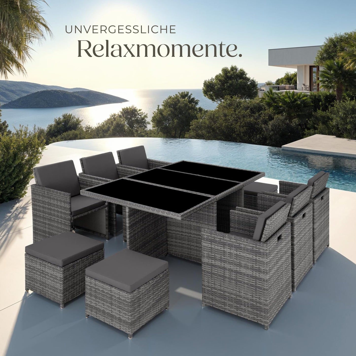 tectake Polyrattan Gartenmöbel Set, Sitzgruppe mit 6 Stühle +1 Glasplatte Tisch + 4 Hocker, Gartenlounge Set klappbar, für bis zu 10 Personen, Balkon Möbel, inkl. 2 Bezugsset - Natur