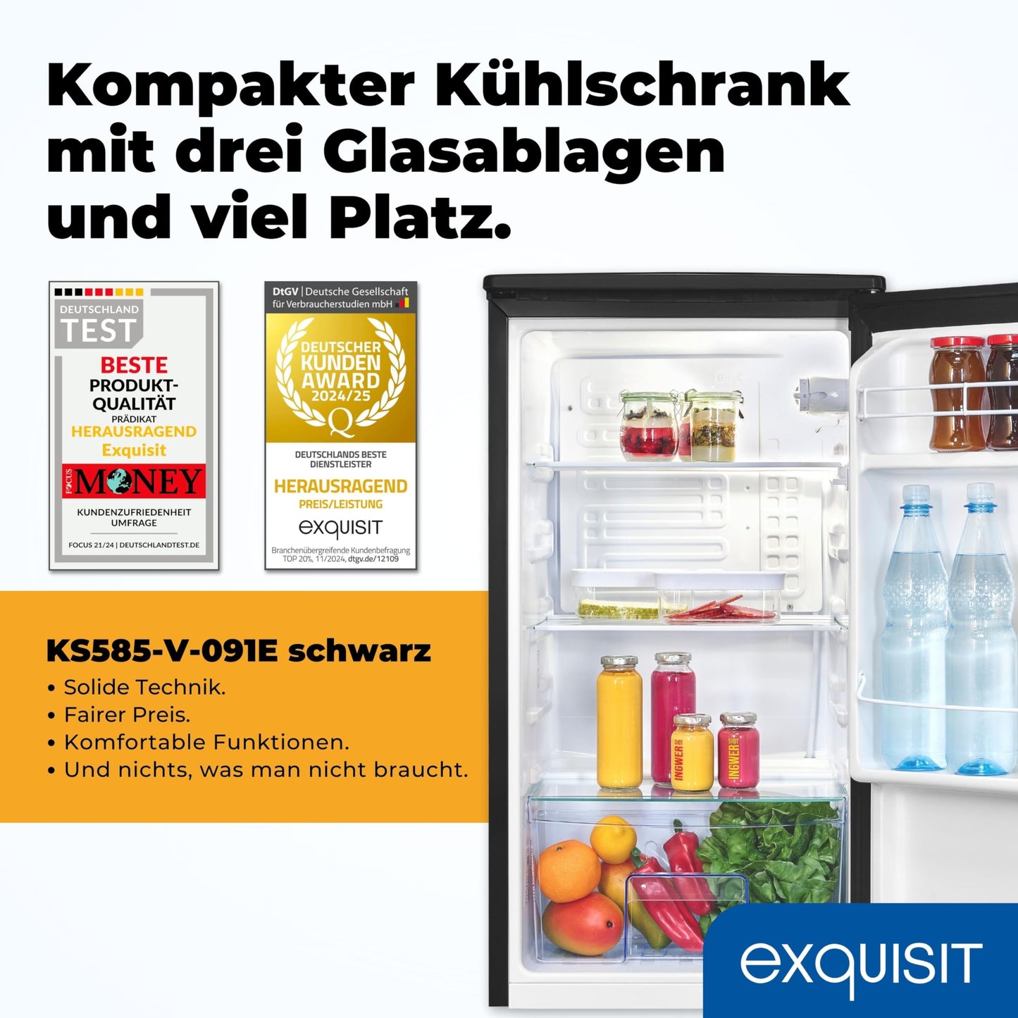 Exquisit KS585-V-091E Full-Room Refrigerator, 75 Litres, Freestanding, Small and Compact, 45 cm Wide, LED Interior Lighting