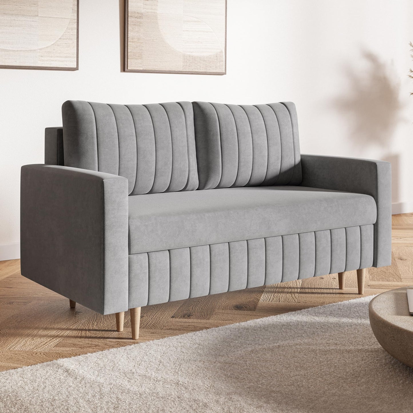 MOTIVENA Leo Sofa Set, Sofa Set 3 2 1 Living Room, Sofa 3 2 1 Set, Couch Set, Futon Set, Living Room Couch Set, Couch 3 2 1 Set, Bonell Spring Core (H4), Velvet, Grey Light Grey