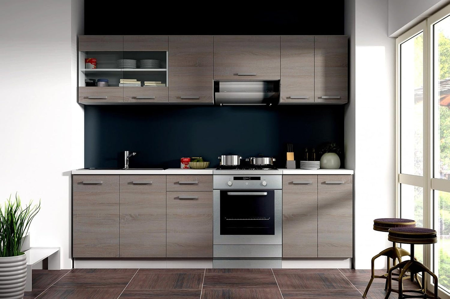Küche Dave 240 cm Kitchenette / Kitchen Block Variably Adjustable Oak Sonoma Truffle