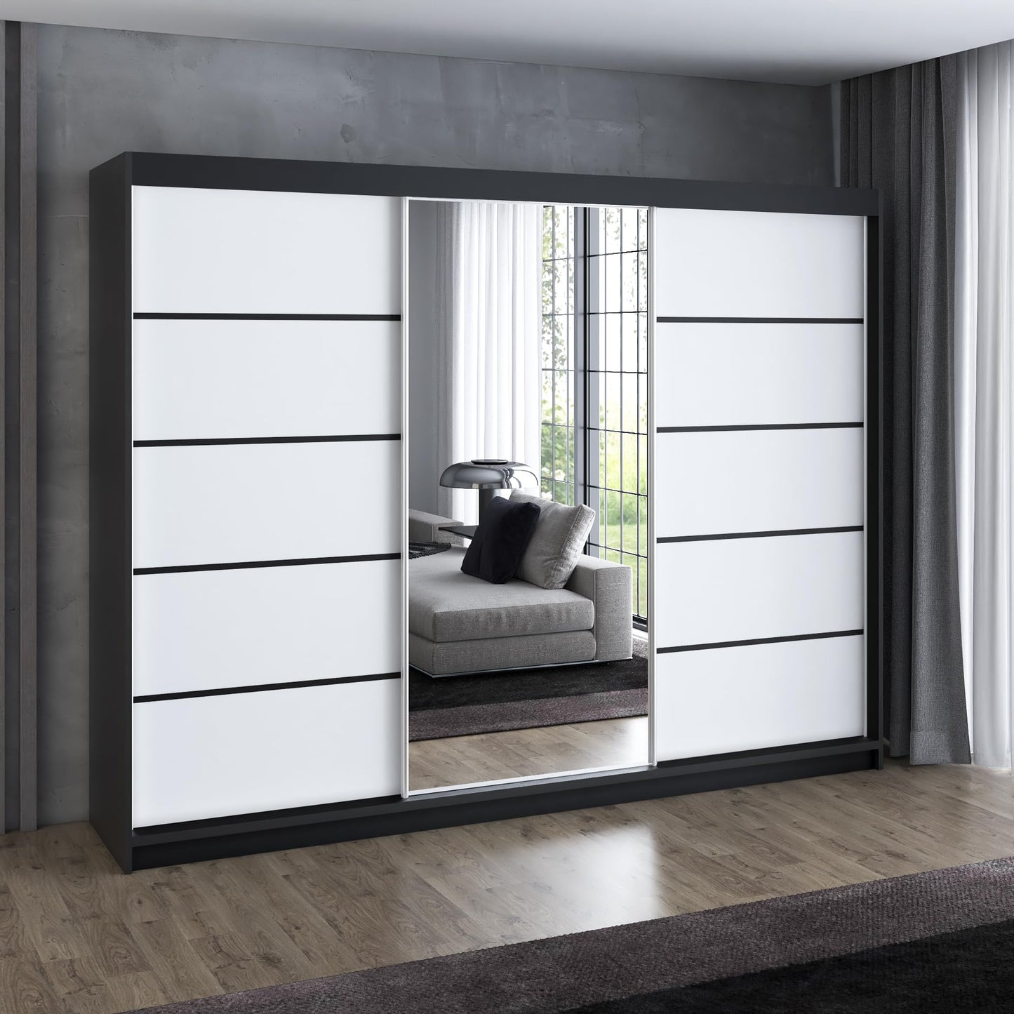 A&J MöbelLand Schwebetürenschrank VILANO 2, 3-türig Schrank 200 cm Kleiderschrank mit 4 Schubladen, und Spiegel (Weiß, Schwarz, Somona) (Schwarz/schwarz/schwarz)