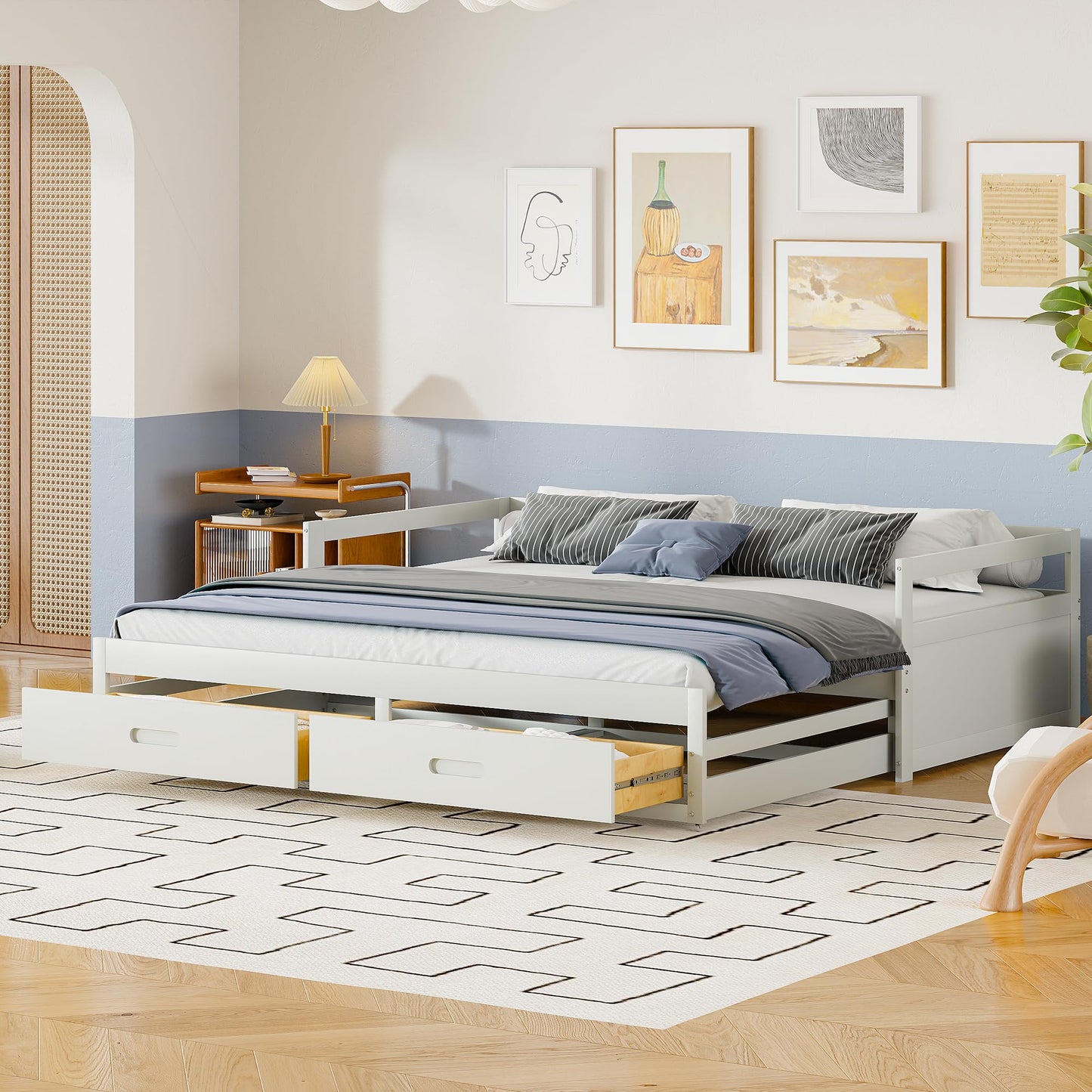 Merax Hausbett 90x200 cm mit 2 Schubladen, für 2 Kinder Doppelbett, Vielseitiges Holz Baumhausbett für Mädchen & Jungen, Stabil Spielbett Gitterbett mit Rausfallschutz und Lattenrost, Weiß