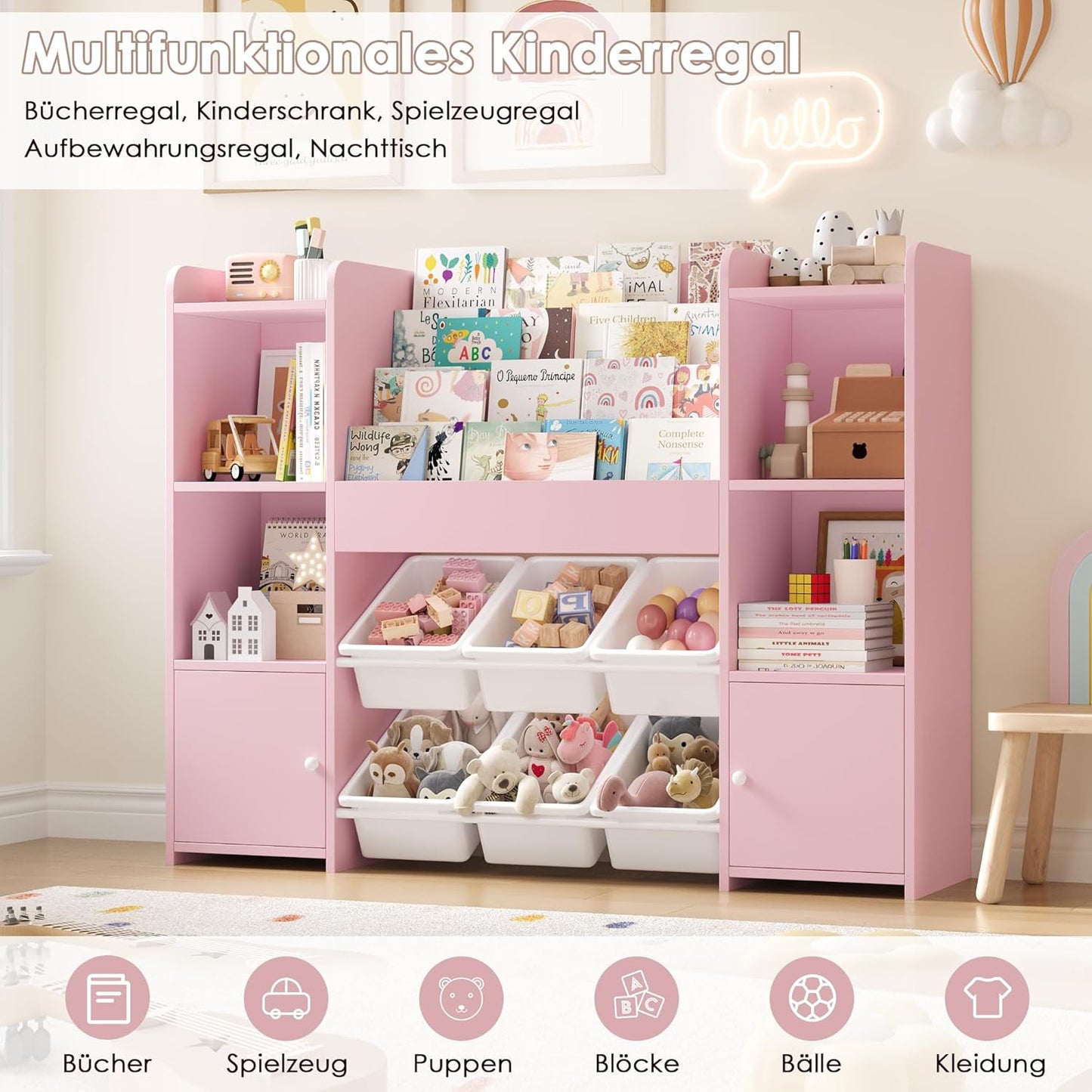FOREHILL Children's Shelf with Children's Bookcase, Children's Room Furniture Made of Wood, Bookcase for Children with Storage Box, Children's Cabinet with Toy Box, Children's Shelf with 6 Boxes, 119