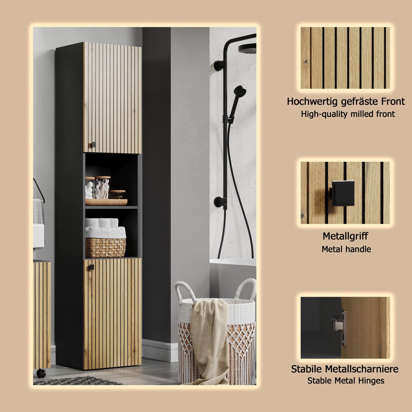 trendteam smart living - PureBliss - Hochschrank - Eiche - Badezimmerschrank in moderner Rillenoptik - edle Metallgriffe - (BxHxT) 40 x 186 x 31 cm - 2 praktische Einlegeböden - kratzfest