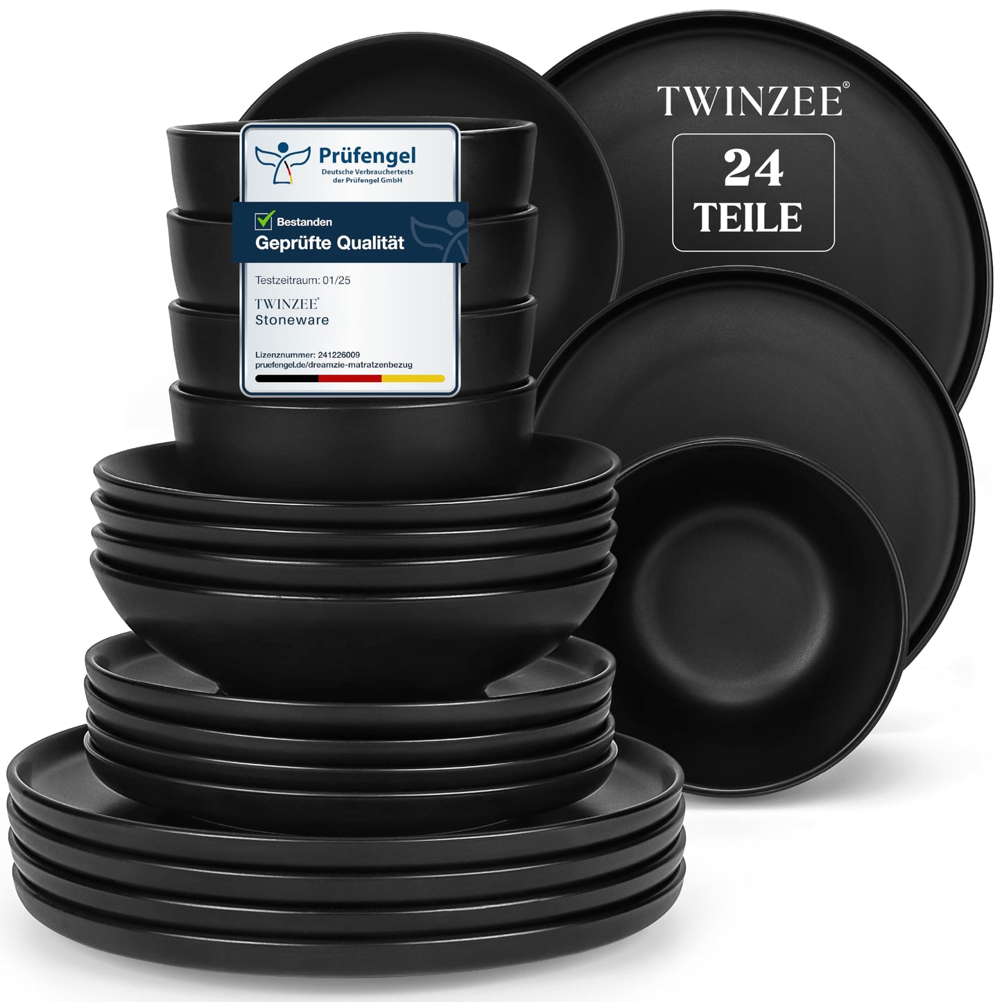 Twinzee Stoneware Crockery Set Black - Set of 24 Tableware and Table Art - Plate Set - Microwave and Dishwasher Safe - Durable and Elegant