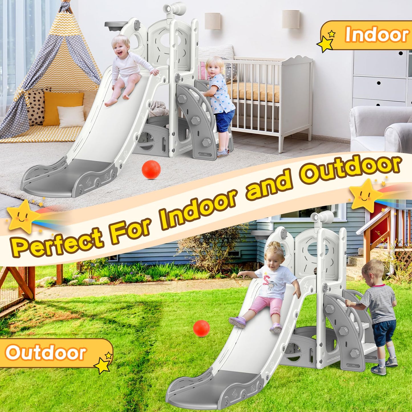 Kinder Rutsche, große Kleinkind Rutsche mit Basketballkorb, Rutsches für Kleinkinder Alter 1-3 Kleinkind Kletterer Rutsches Spielset mit Stauraum, Indoor Outdoor Spielzeug für Kleinkinder 1-3 Jahre