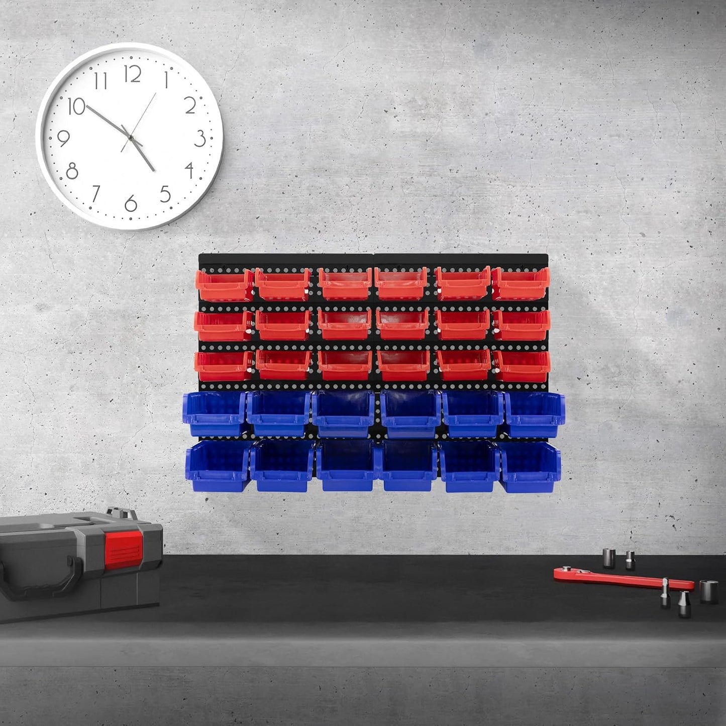 ECD Germany Wall Shelf with Stacking Boxes, 30 Pieces, Blue/Red, 18 Small / 12 Large Pours with Label Compartment, Workshop Shelf, Expandable Small Parts Magazine, Storage System, Storage Shelf,