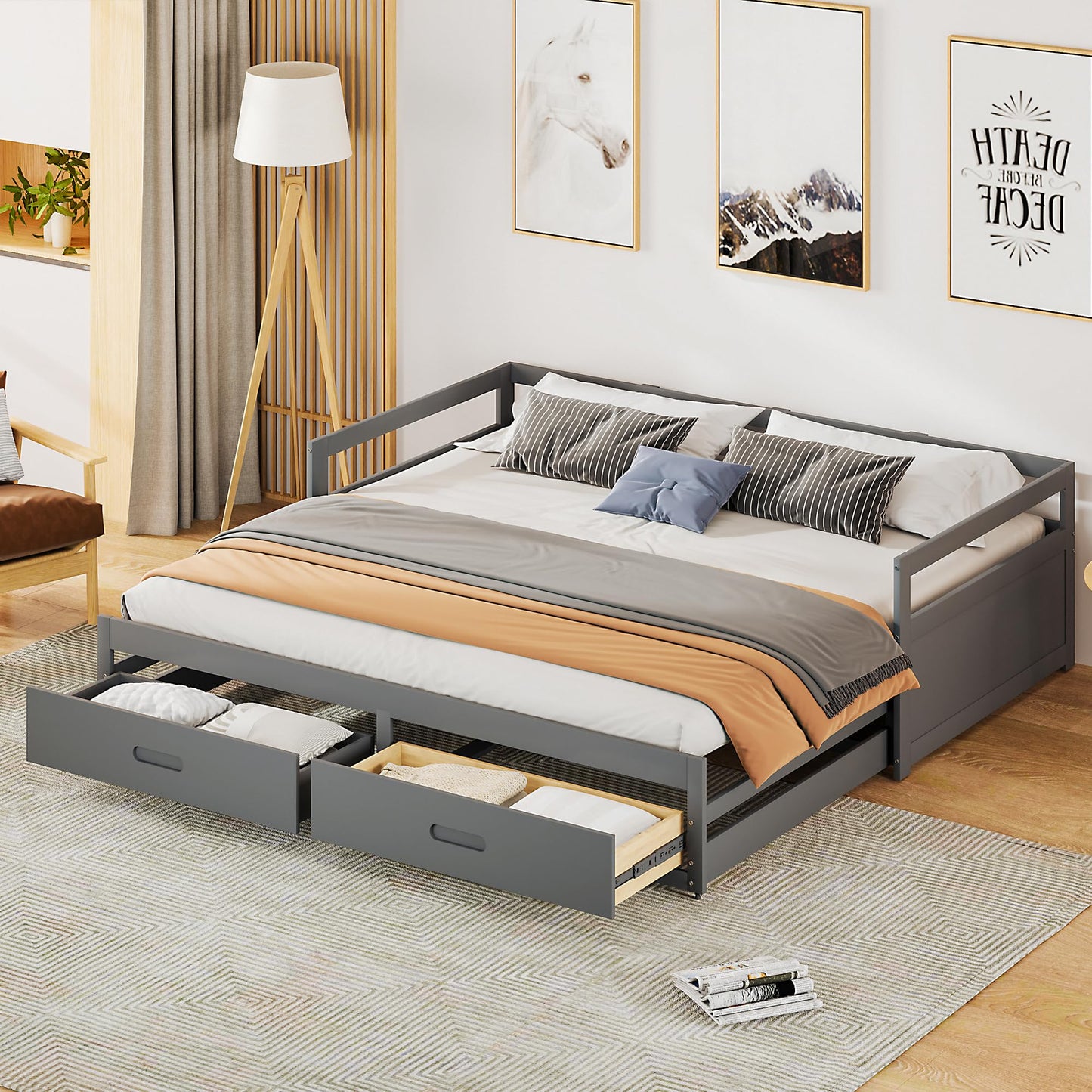 Merax Hausbett 90x200 cm mit 2 Schubladen, für 2 Kinder Doppelbett, Vielseitiges Holz Baumhausbett für Mädchen & Jungen, Stabil Spielbett Gitterbett mit Rausfallschutz und Lattenrost, Weiß