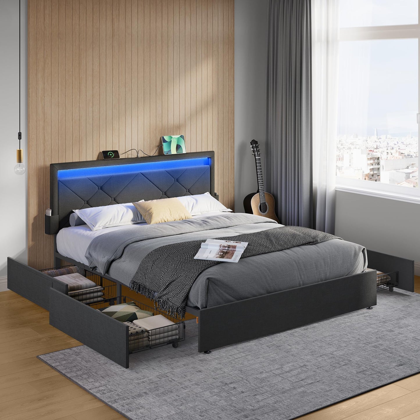 VASAGLE Double Bed Frame - Fits 140 x 200 cm Mattress - LED Metal Bed - 4 Drawers - Charging Station - Adjustable Padded Headboard - Slate Grey RMB827G02