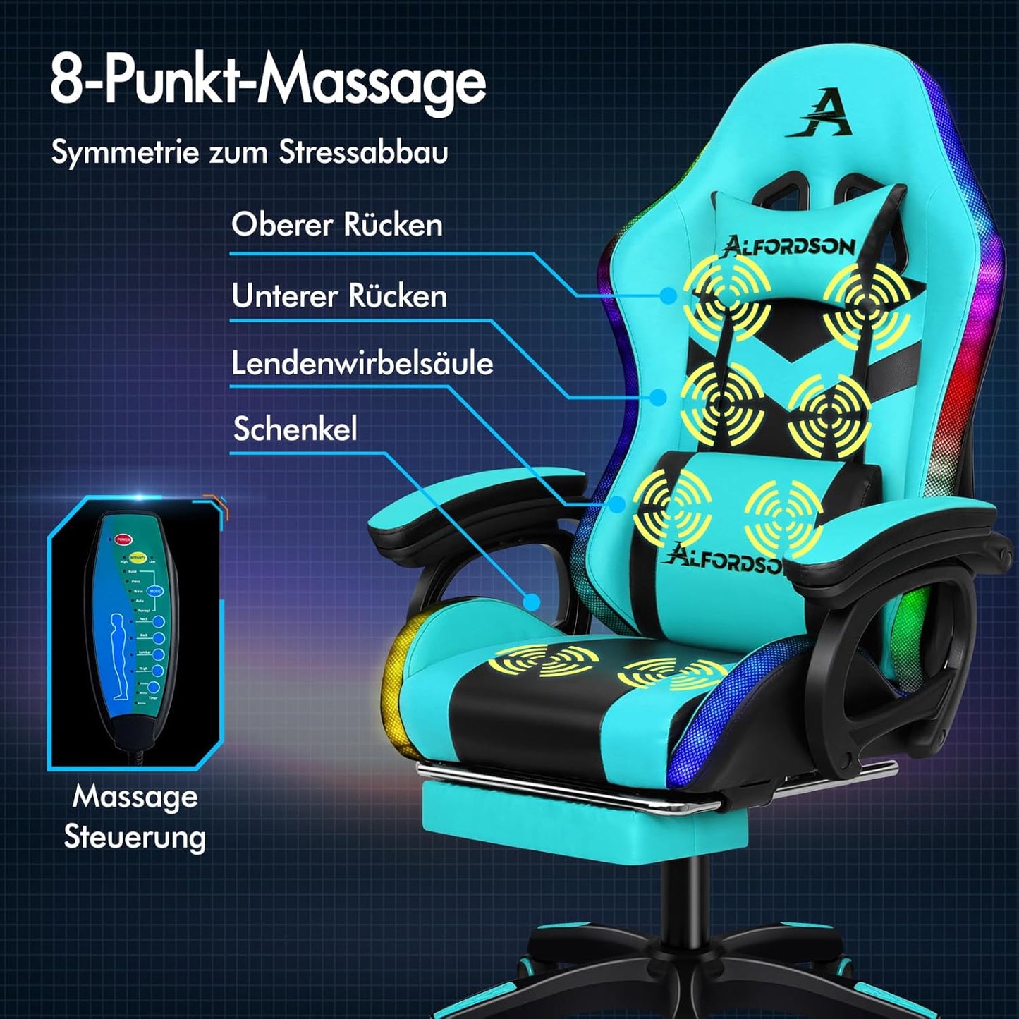 ALFORDSON Gaming-Stuhl, LED-Racing-Gamer-Stuhl mit 12-Farben-RGB-Beleuchtung, Massage-Gaming-Stuhl mit Lordosenstütze, Fußstütze, PU-Material, Cyan