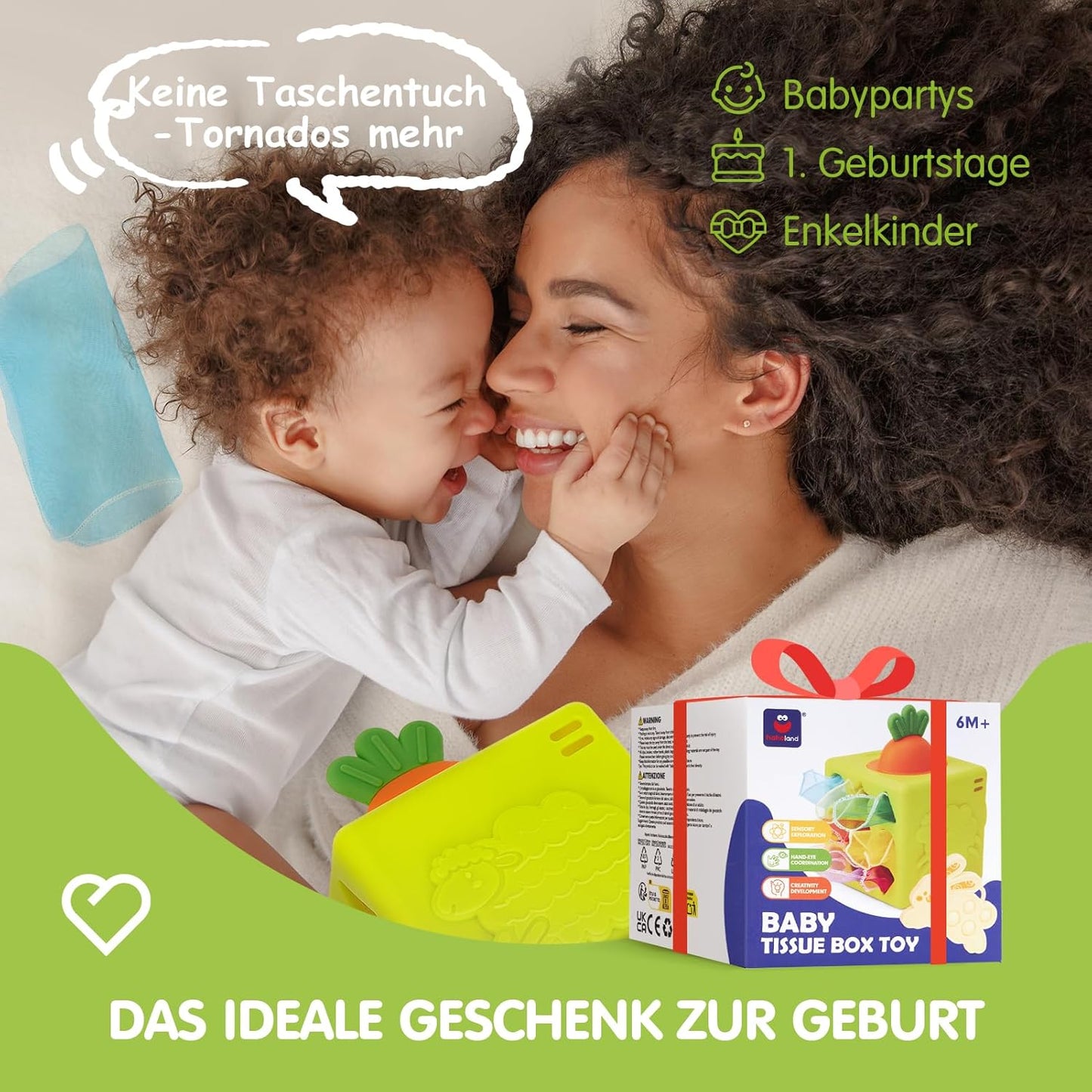 hahaland Baby Spielzeug 6 Monate - Silikon Tücher Box, Montessori Tücherbox Baby Sensorik Spielzeug, 6-in-1 Busy Würfel mit Tüchern, Spiegel, Beißring,Geschenk für Babyspielzeug ab 6 9 12 Monate