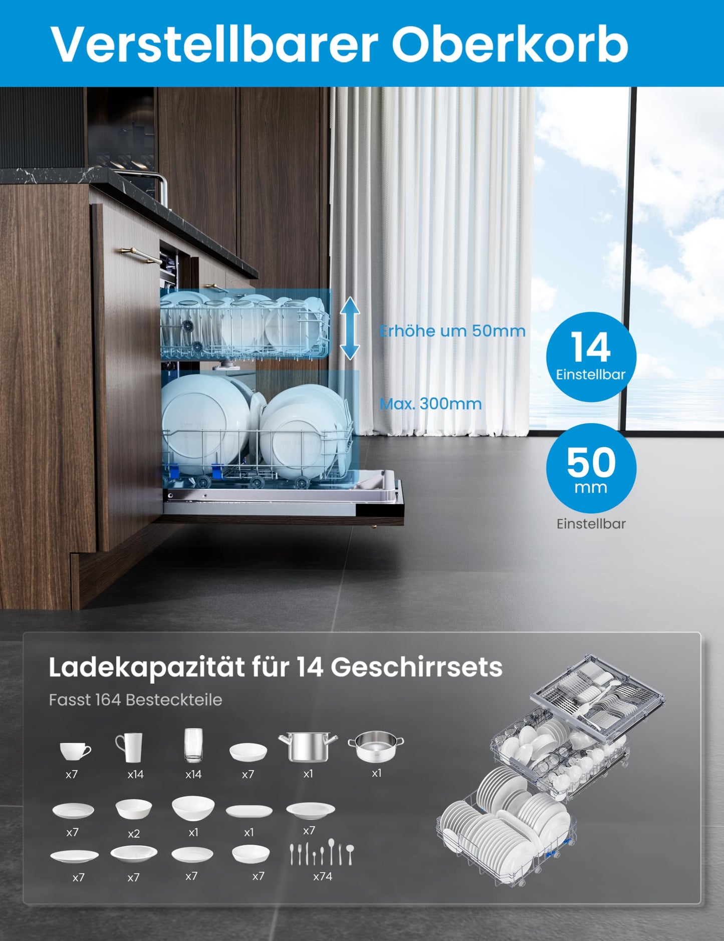 Midea SF 5.60NW14C Dishwasher 60 cm Freestanding & Undermountable, 14 MGD, Hygiene Care +, Zone Wash, 7 Programmes, Dishwasher 60 cm with WiFi, Start Delay, Automatic Door Opening, 44 dB