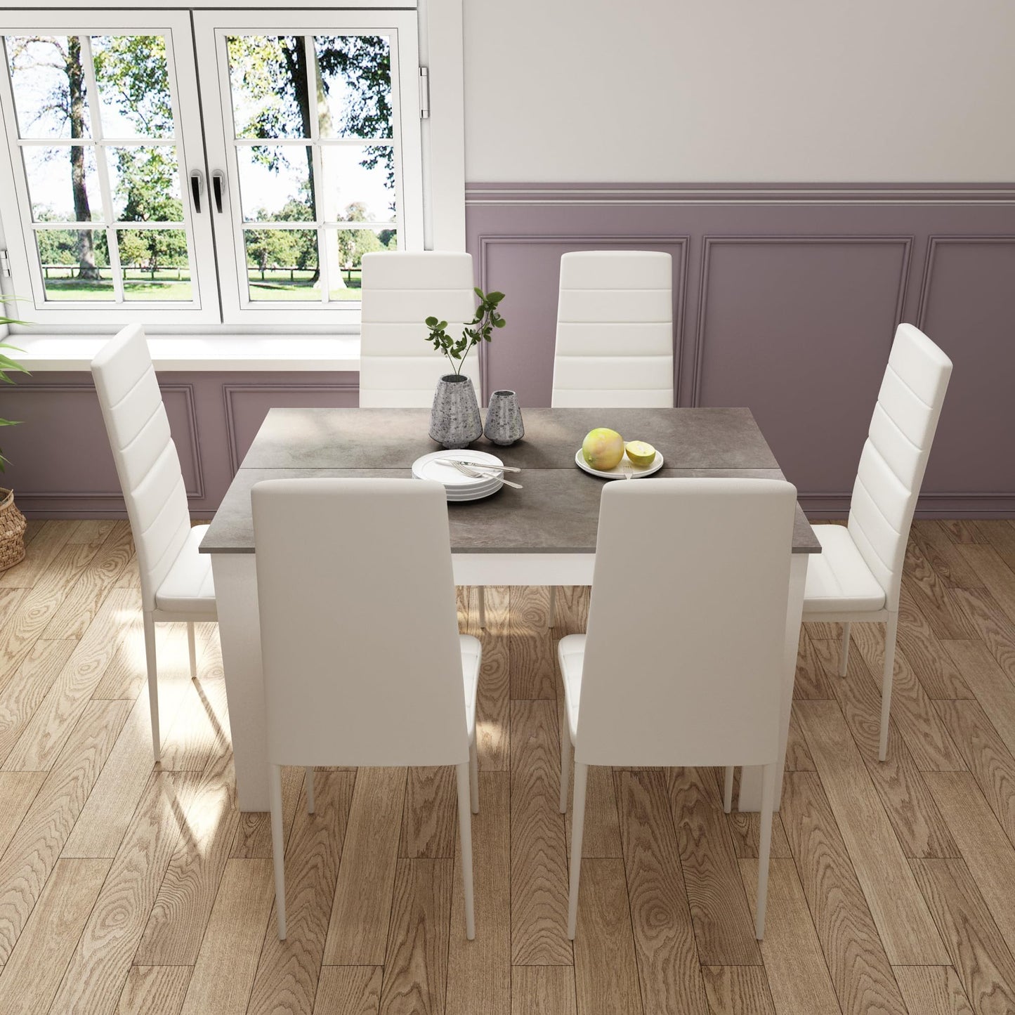 Mondeer Esstisch mit 6 Stühlen Set, Essgruppe mit Hochlehner Kunstleder Stuhl für Küche Esszimmer Wohnzimmer, W138 x D90 x H75 cm, Weiß und Grau