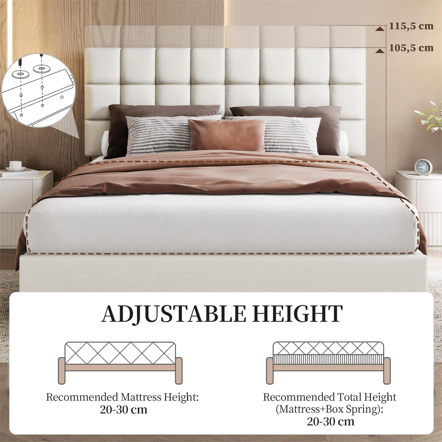 Yaheetech Upholstered Bed 140 x 200 cm Double Bed with Height-Adjustable Headboard, Sturdy Bed Frame, Fabric Bed with Slatted Frame, Padded Bed Frame, Youth Bed, Dark Grey