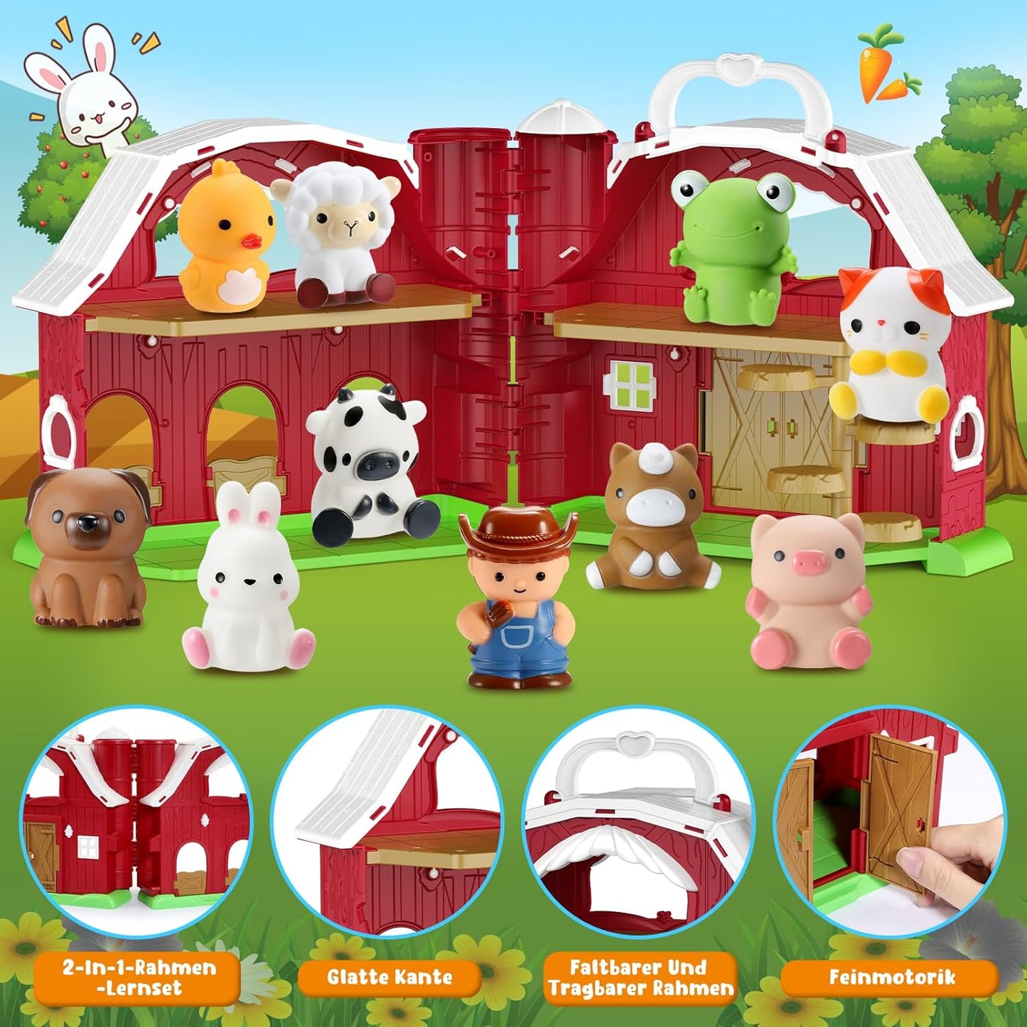 HappyKidsClub Montessori Bauernhof Spielzeug ab 1-4 Jahre, Aufklappbare Scheune Spielhaus für Kleinkinder mit 9 Tieren & Bauer - Pädagogisches Geschenk für Kinder - Baby Lernspielzeug Set