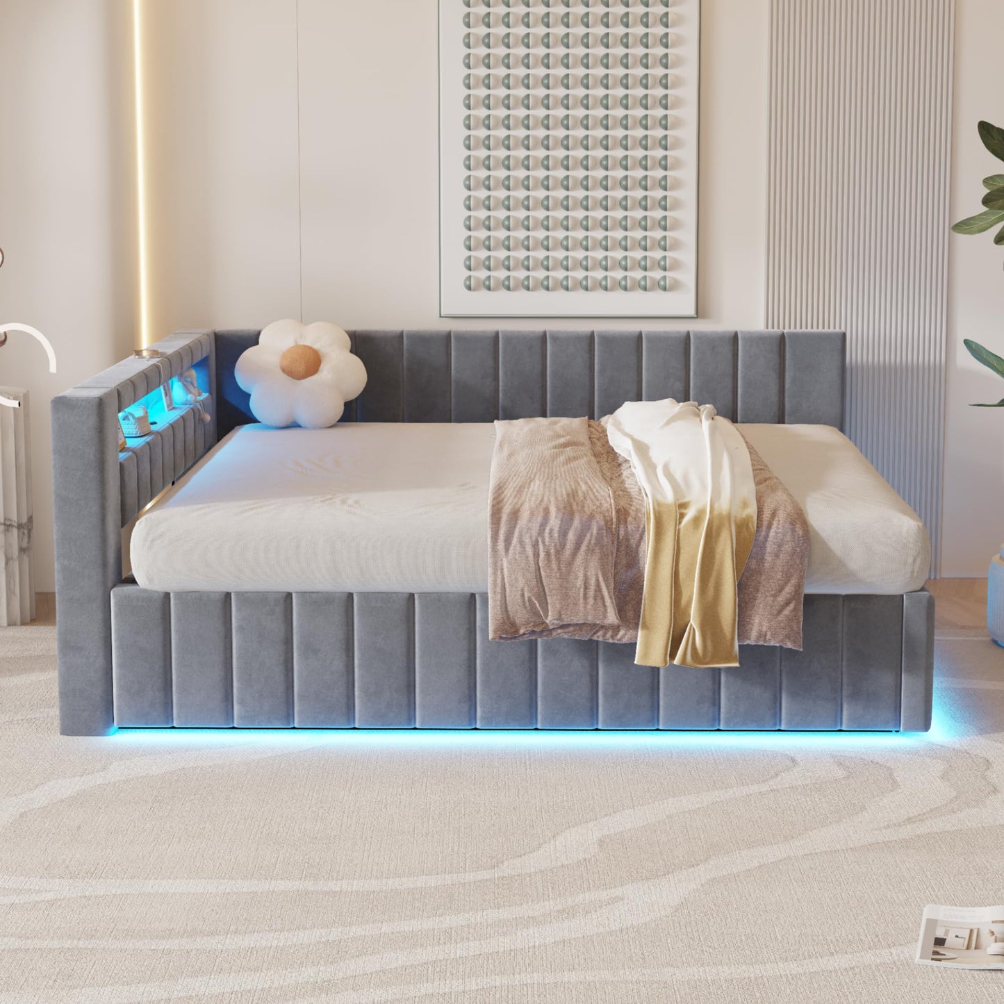 KEYIDE Upholstered Sofa Bed, 140 x 200 cm with LED Lighting and USB Charging, Bed Frame with Wooden Slatted Frame, Day Bed, Guest Bed, Youth Bed, Velvet Fabric, Without Mattress (Grey, 140 x 200)