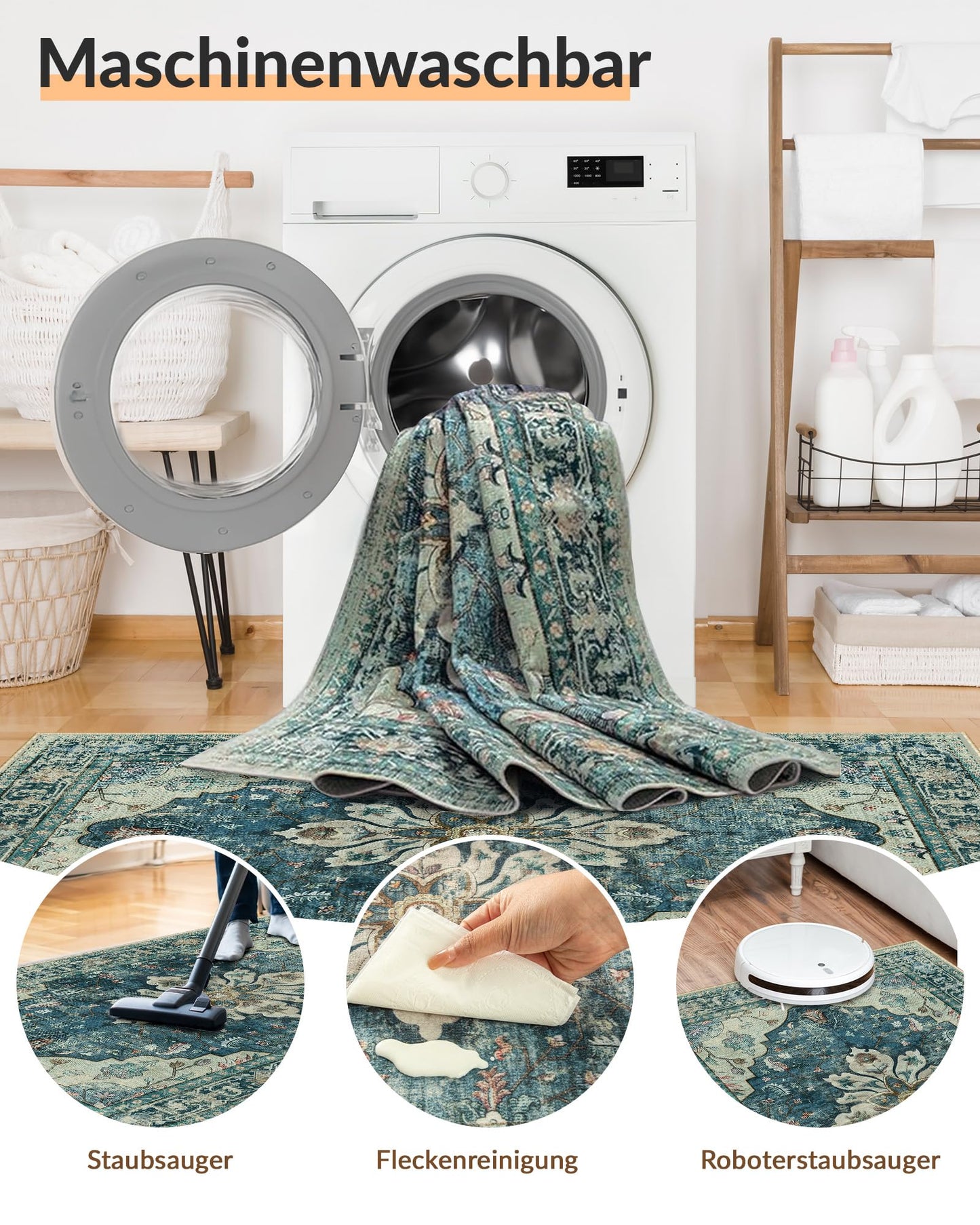 INOVADAY Vintage Waschbarer Teppich Wohnzimmer 90x150 cm Boho Kurzflor rutschfest Teppich Weich Teppiche mit Druckmuster für Schlafzimmer, Esszimmer, Büro Beige/Blau/Orange