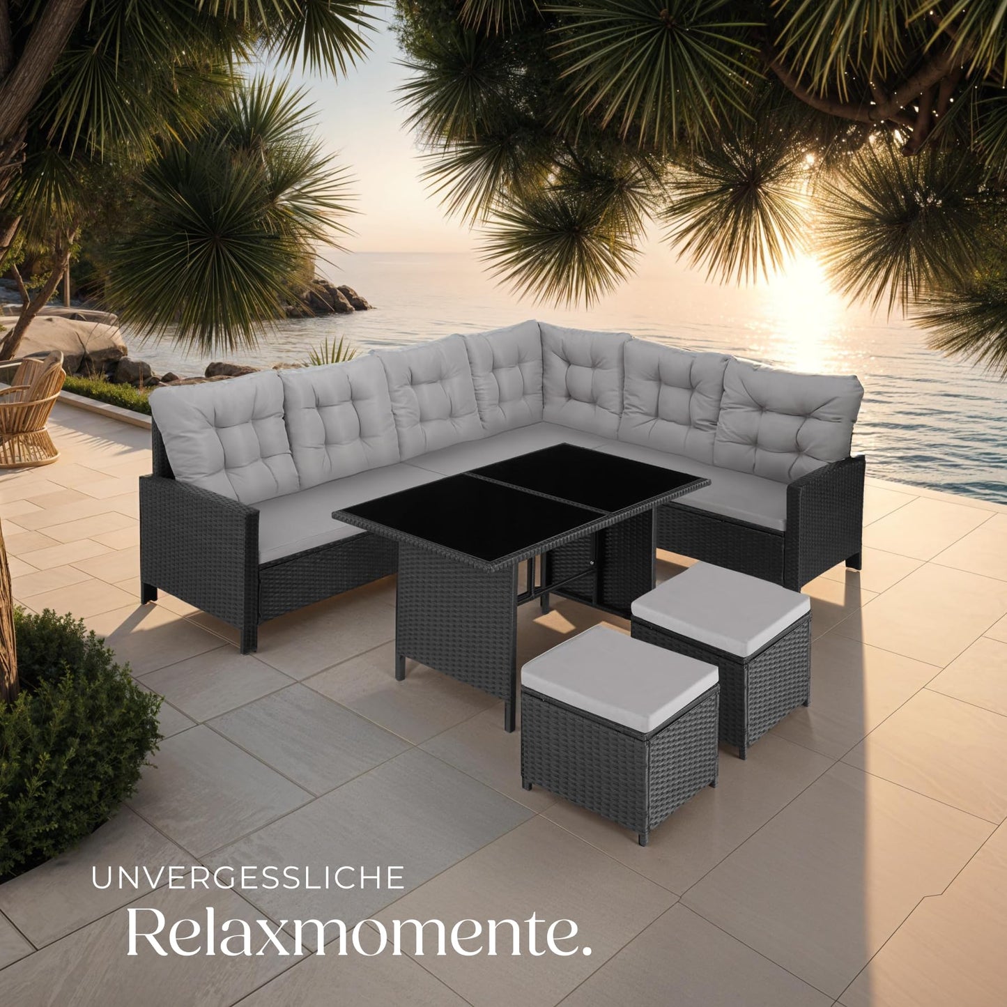 tectake Polyrattan Lounge Set, Garden Furniture Set with Sofa, Stool + Table, Balcony Furniture Outdoor, 5-Piece Seating Set, Including Seat and Back Cushion, Ideal for Garden, Patio, Balcony -