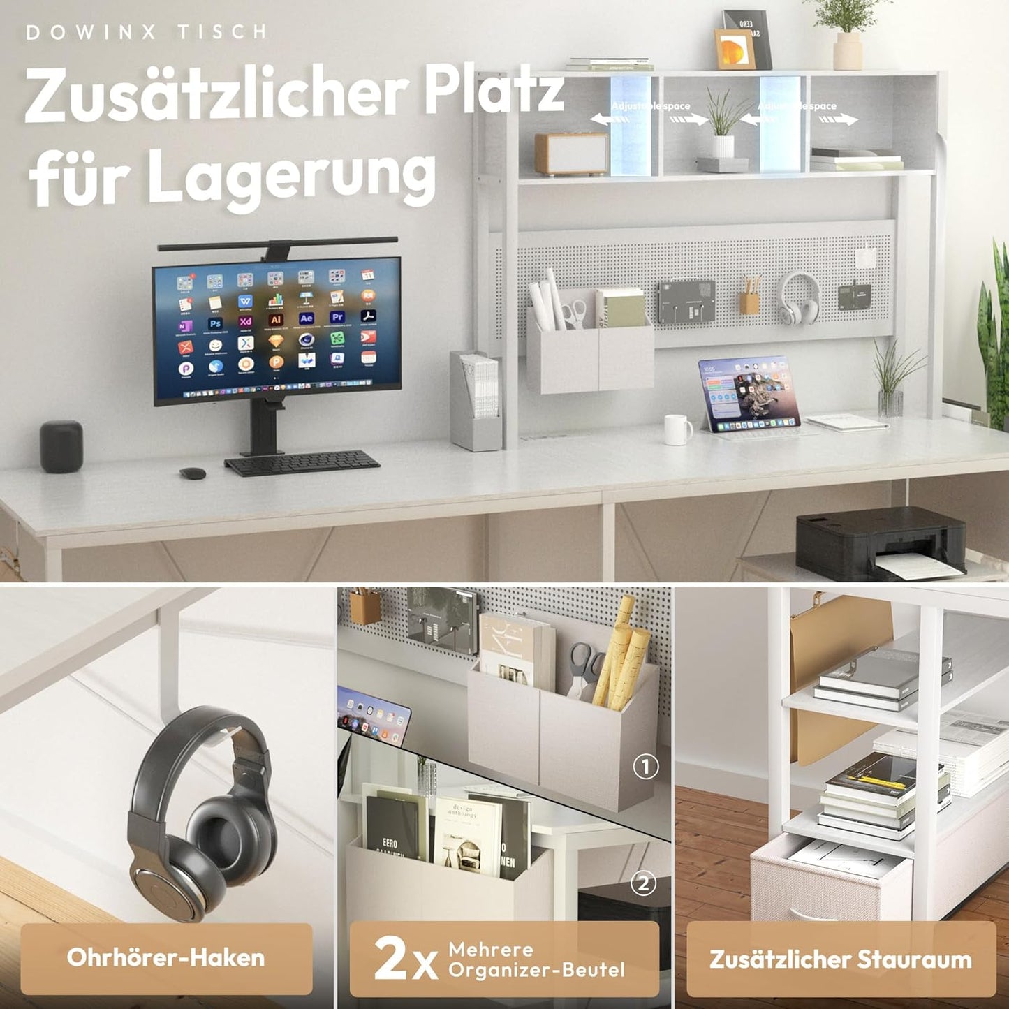 Dowinx LED Gaming Table, L-Shaped Desk with Pegboard and Storage Space, Reversible Computer Desk with Sockets and USB, Office Corner Desk for Home Game, Grey, 120 x 148 cm