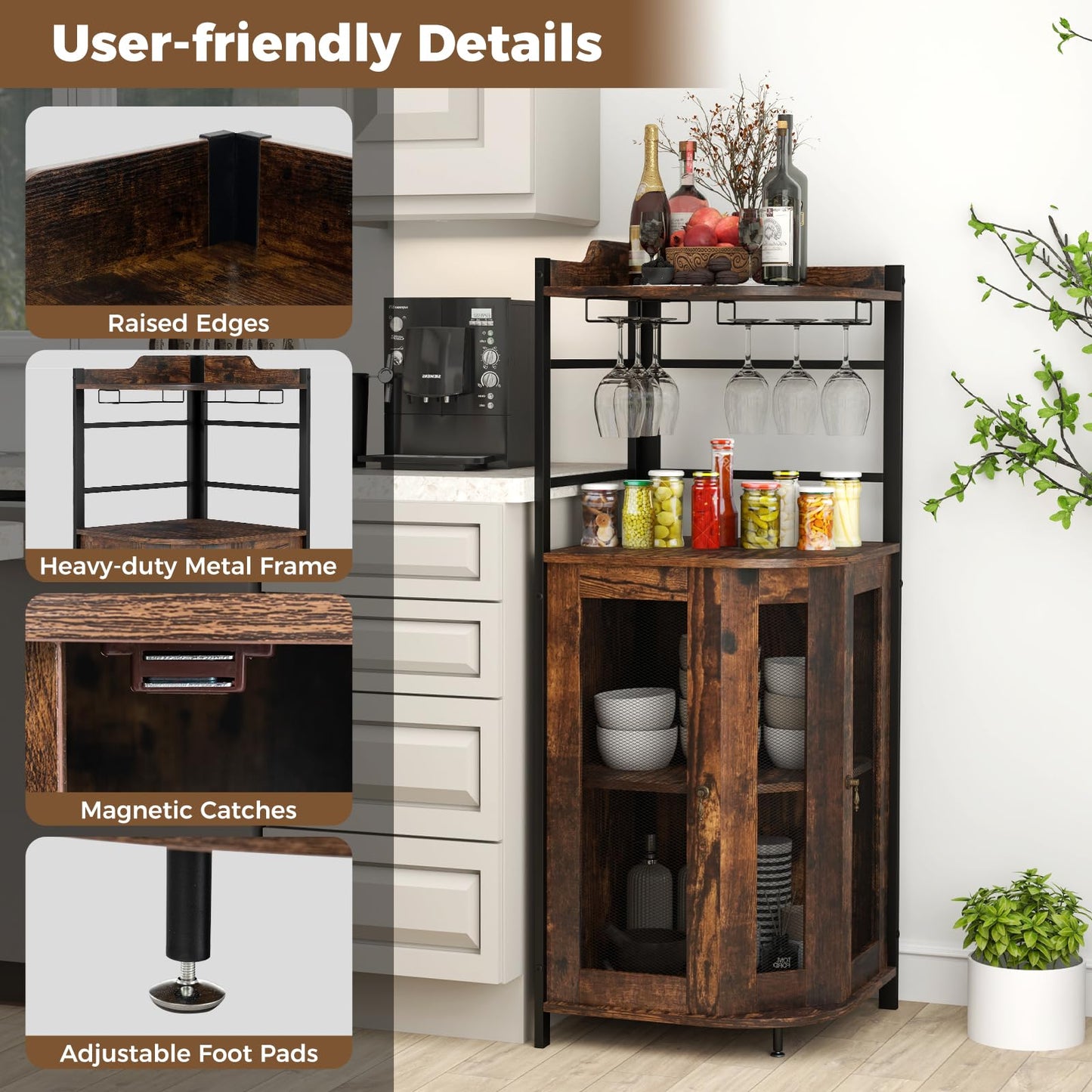 GIANTEX Weinschrank Eckschrank Industrial, Barschrank mit Glashalter, Weinbarschrank mit verstellbarem Regal, Küche Hausbar mit Metallgittertüren, Küchenschrank mit Kippschutz, 46 x 46 x 130 cm