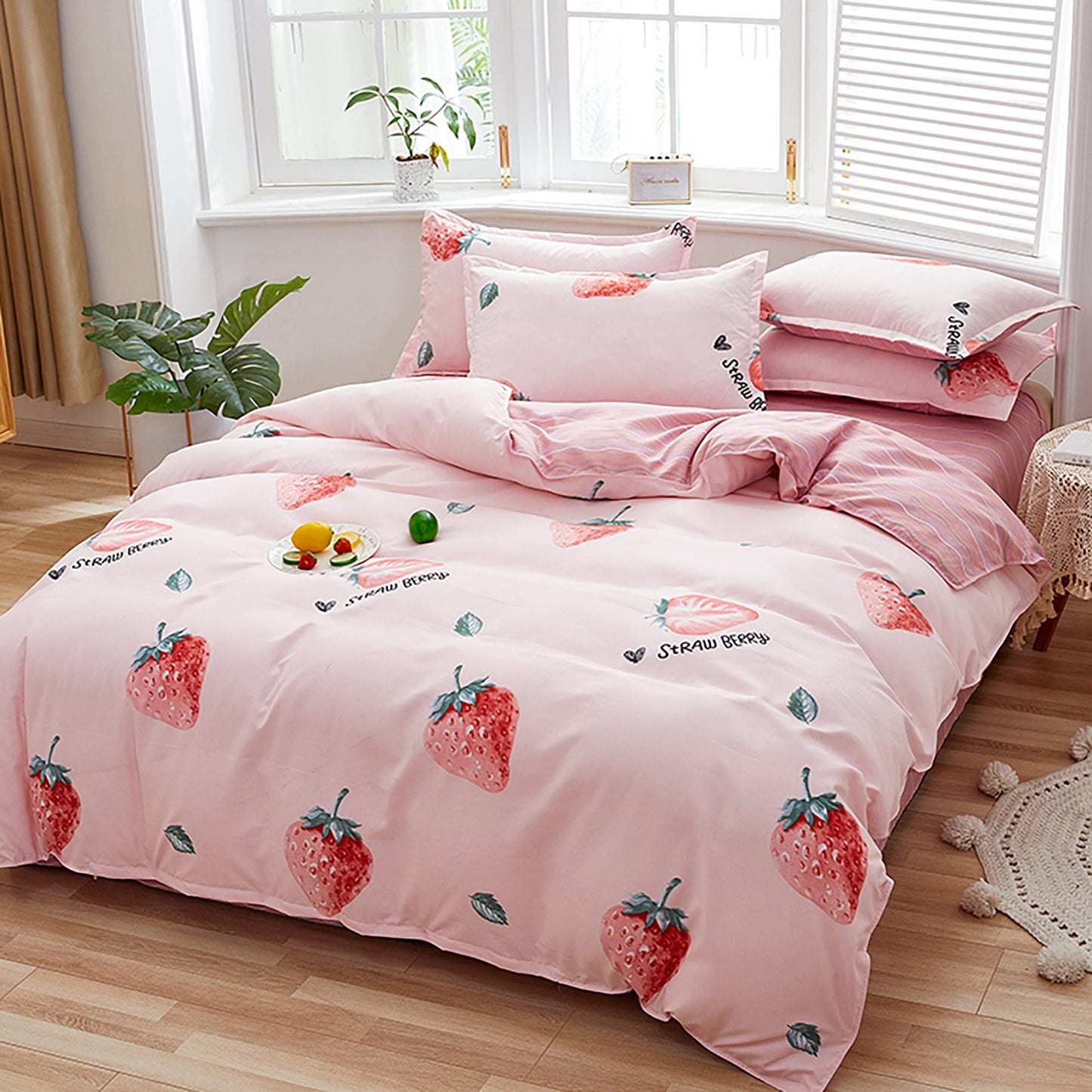 GETIYA Cartoon Hearts Bed Linen, 135 x 200 cm, Girls'/Women’s/Children’s Bed Linen, Pink Hearts Pattern, Duvet Cover, Microfibre, Duvet Cover, Light Pink, with Zip and Pillowcase, 80 x 80 cm