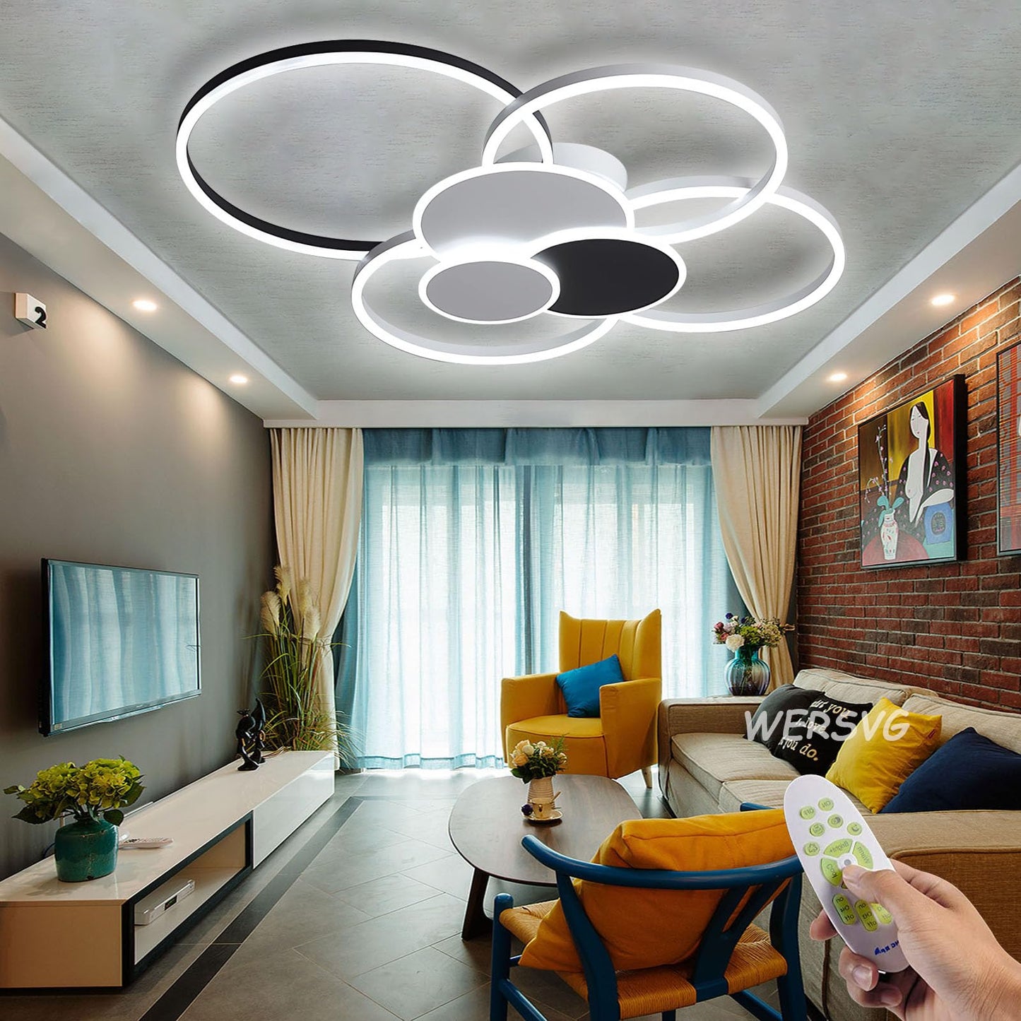 WERSVG L80cm Modern LED Deckenleuchte Wohnzimmer Deckenlampe gold 6-Ring Deckenleuchte 70W 5600LM Dimmbar 3500K - 6500KMit Fernbedienung flurlampe decke, für Wohnzimmer Schlafzimmer Küche Esszimmer