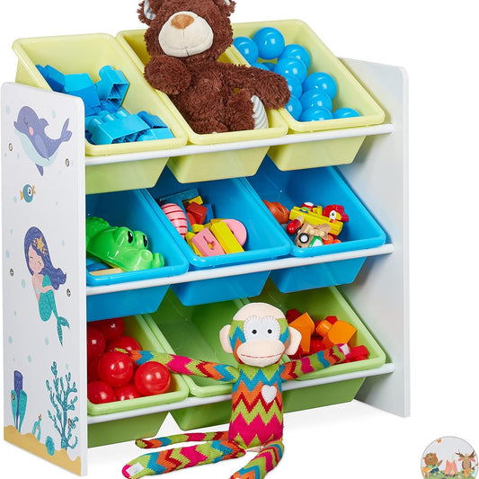 Relaxdays Children's Shelf, 9 Storage Boxes, Mermaid Motif, MDF, Plastic, Toy Shelf, Height 67 x 65 x 31.5 cm, Colourful