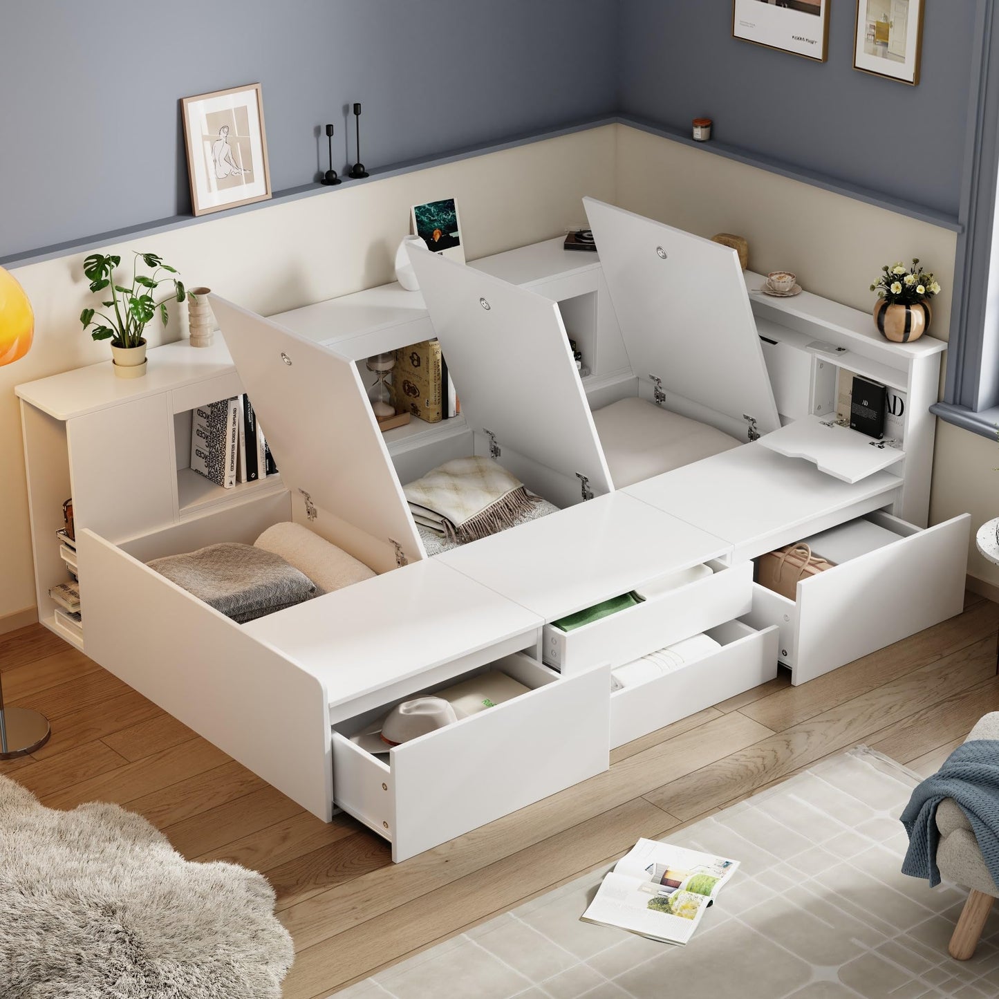 Children's Bed 90 x 200 cm, Wooden Bed with Drawers and Board, Headboard with Bookshelf and Fall Protection, Bed with Slatted Frame and Storage Space, Teenager's Bed, Functional Bed, Wooden Bed Frame,
