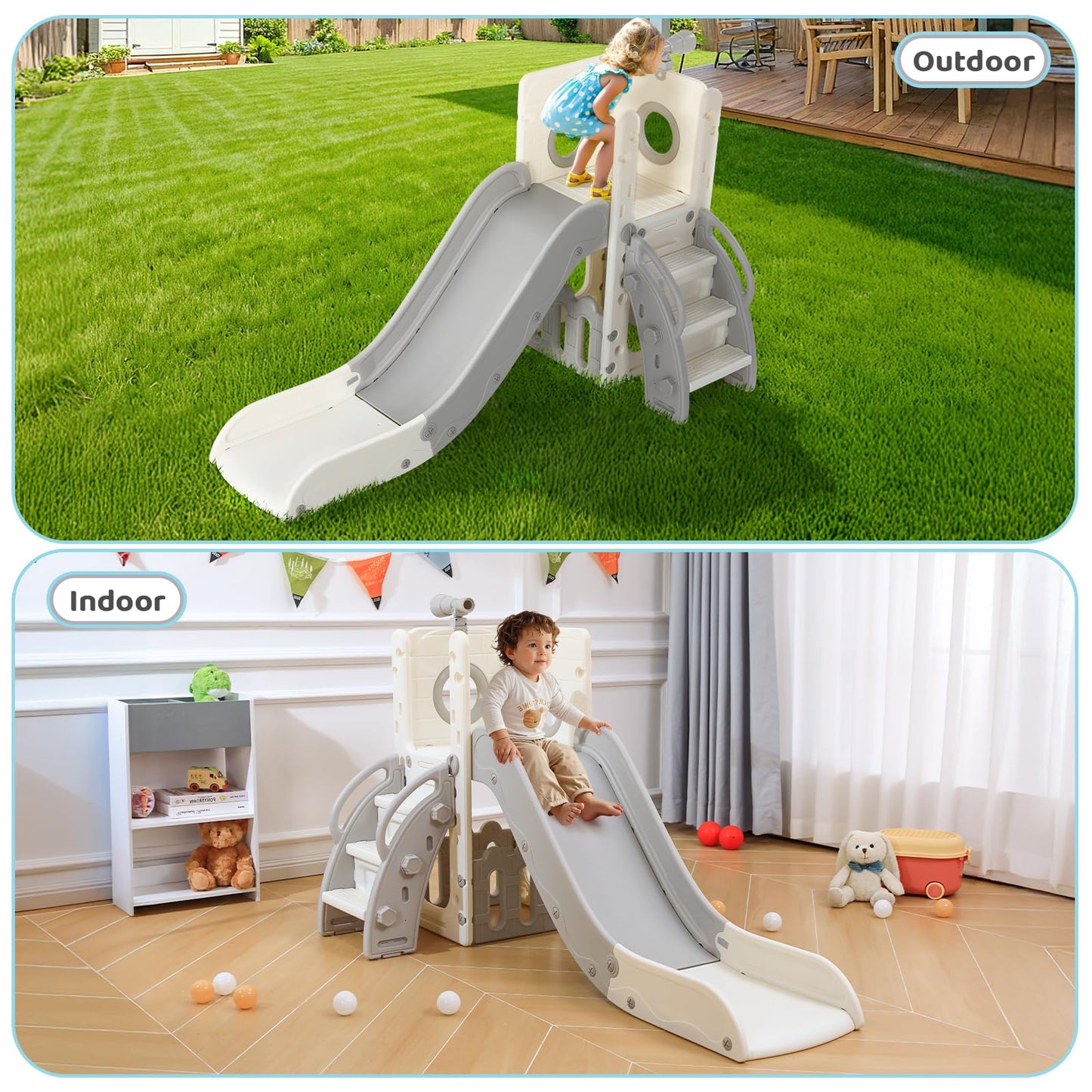 Kinderrutsche, für 1-3 Jahre, Indoor & Outdoor Rutsche ab 1 Jahre, Freistehende Rutsche mit Stauraum & Spielteleskope, Gartenrutsche, Kinder Spielplatz, mit 2PCS Moduls, Grün Grau