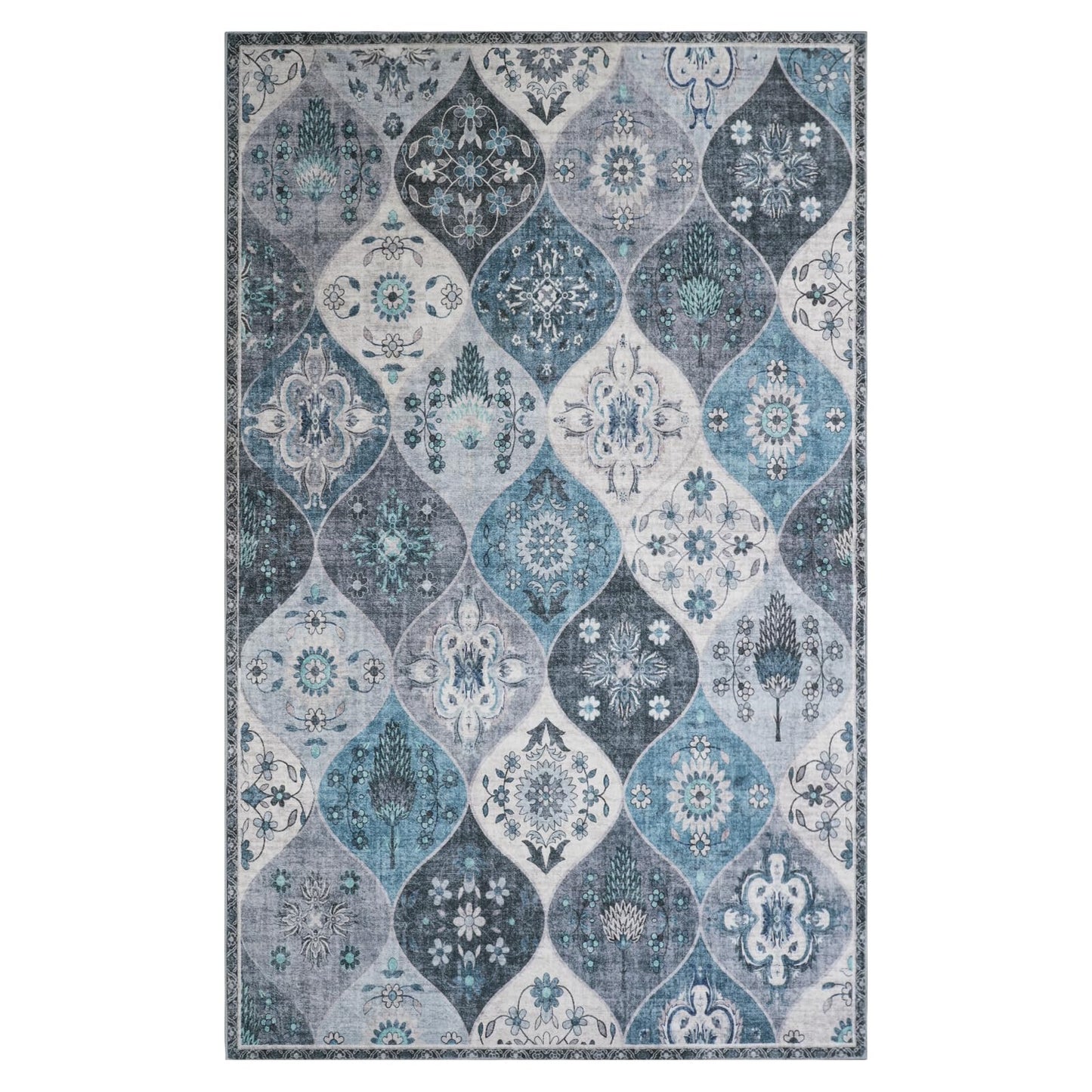 Xfrog Blumen Boho Teppich - Rutschfester Waschbarer Ultraweicher Antiker Niedriger Flor Flächenteppich für Wohnzimmer, Schlafzimmer, Kinderzimmer - 80 x 150 cm