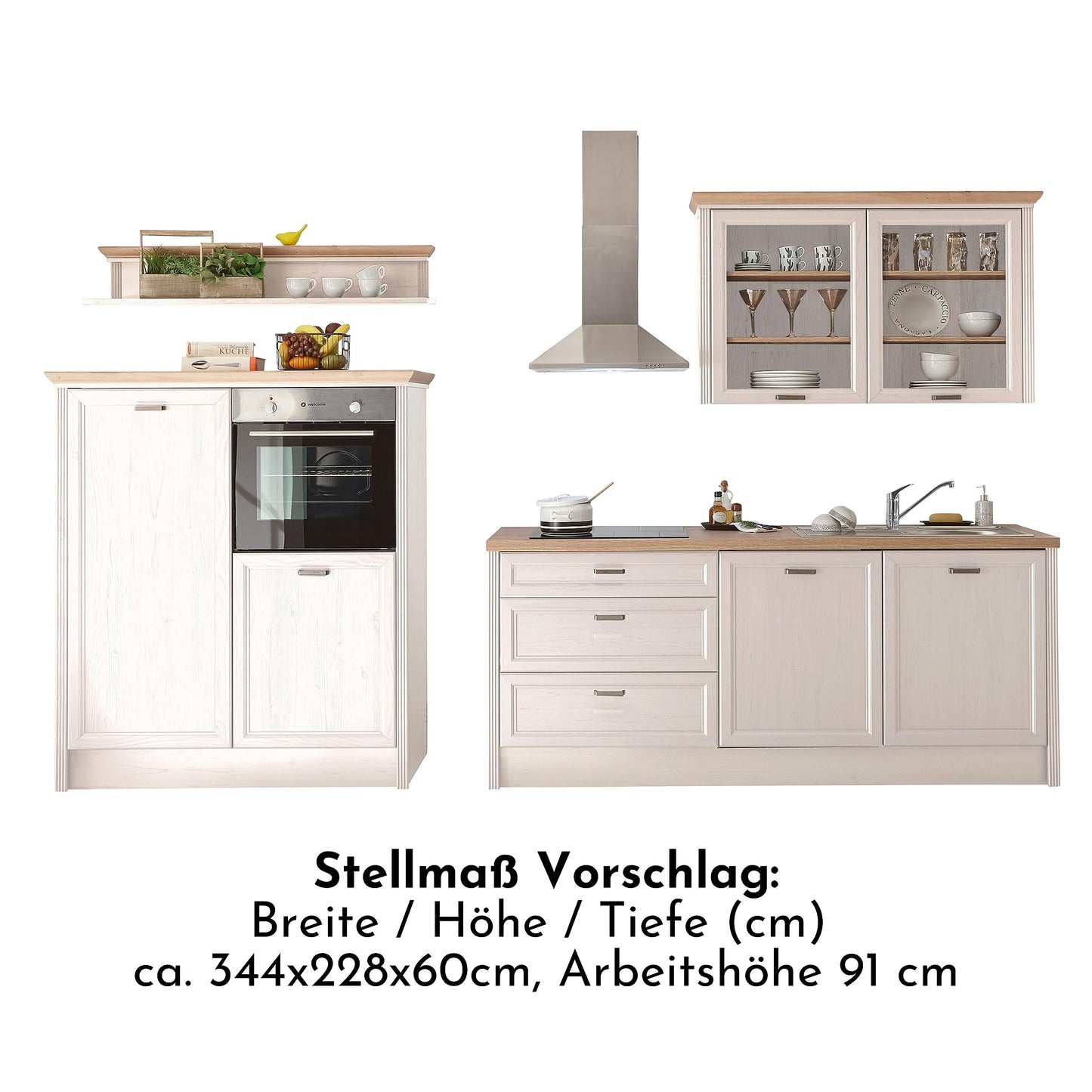 Jasmin Modern Kitchen Unit without Electrical Appliances in Light Pine Artisan Oak Look - Spacious Fitted Kitchen in Country House Style - 344 x 228 x 60 cm (W x H x D)