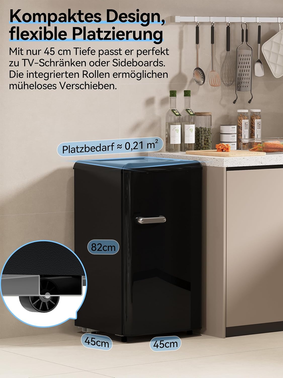Devoko Fridge with Freezer, 75 L Retro Design Mini Fridge Small, Adjustable Thermostat, Quiet, Suitable for Home, Office and Hotel, Black