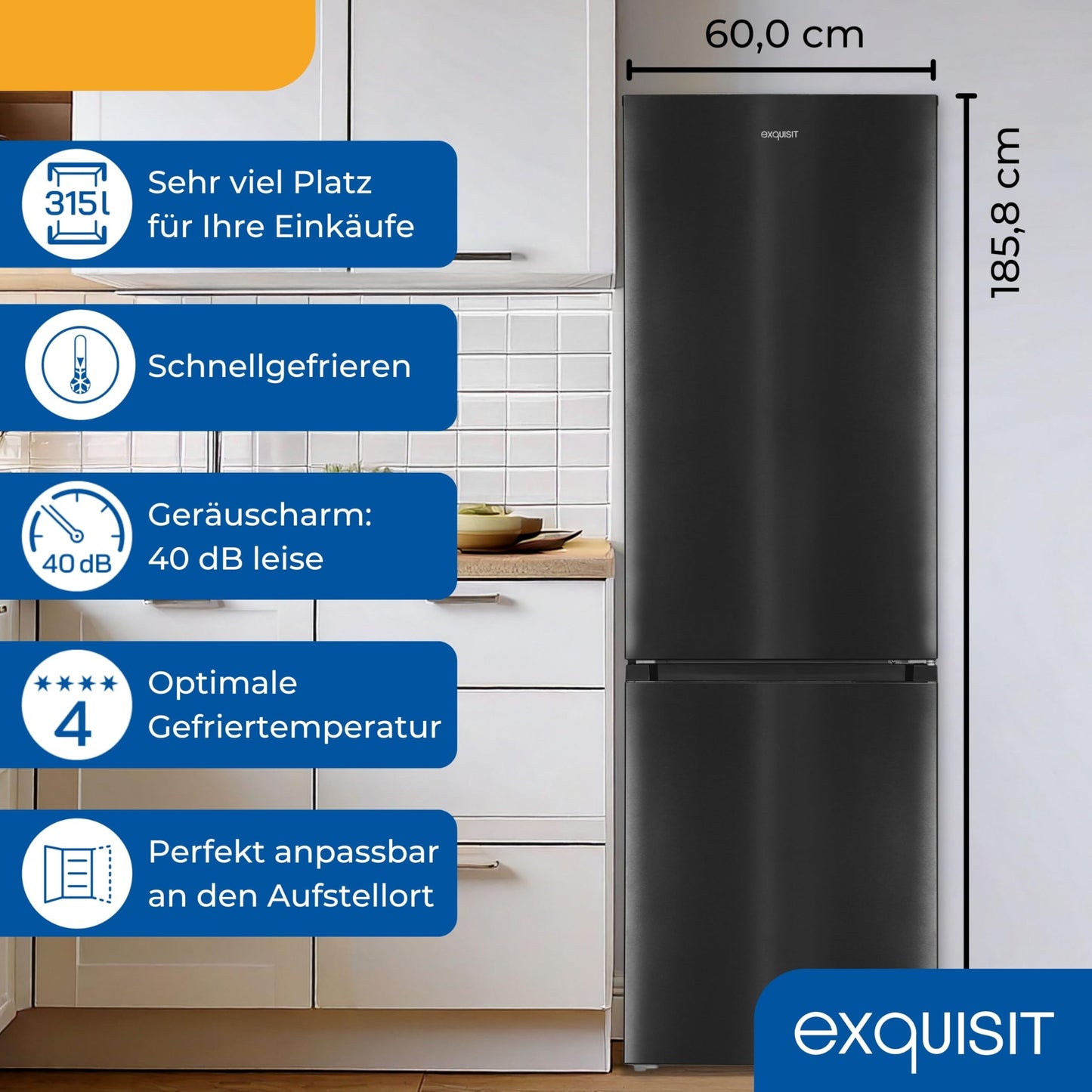 Exquisit Kühl-Gefrierkombination, 186 cm Höhe, Kühlschrank mit Gefrierfach, 4-Sterne-Gefrieren, 315 Liter, Alarm-Funktion, KGC5320-95-E-040C inoxlook-az