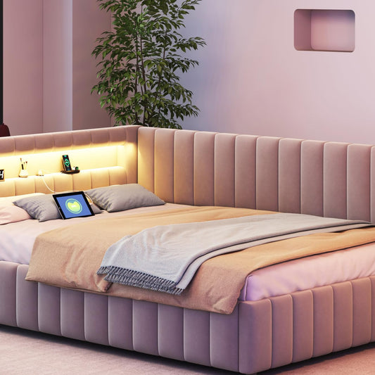 KEYIDE Upholstered Sofa Bed, 140 x 200 cm with LED Lighting and USB Charging, Bed Frame with Wooden Slatted Frame, Day Bed, Guest Bed, Youth Bed, Velvet Fabric, Without Mattress (Grey, 140 x 200)