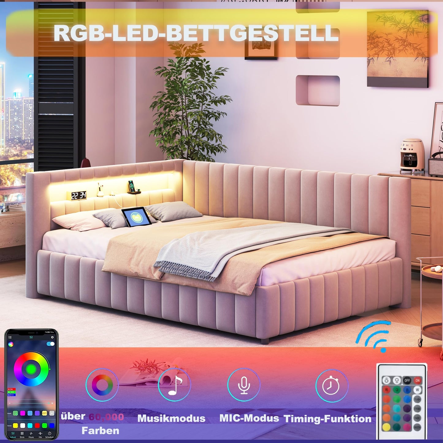 KEYIDE Upholstered Sofa Bed, 140 x 200 cm with LED Lighting and USB Charging, Bed Frame with Wooden Slatted Frame, Day Bed, Guest Bed, Youth Bed, Velvet Fabric, Without Mattress (Grey, 140 x 200)