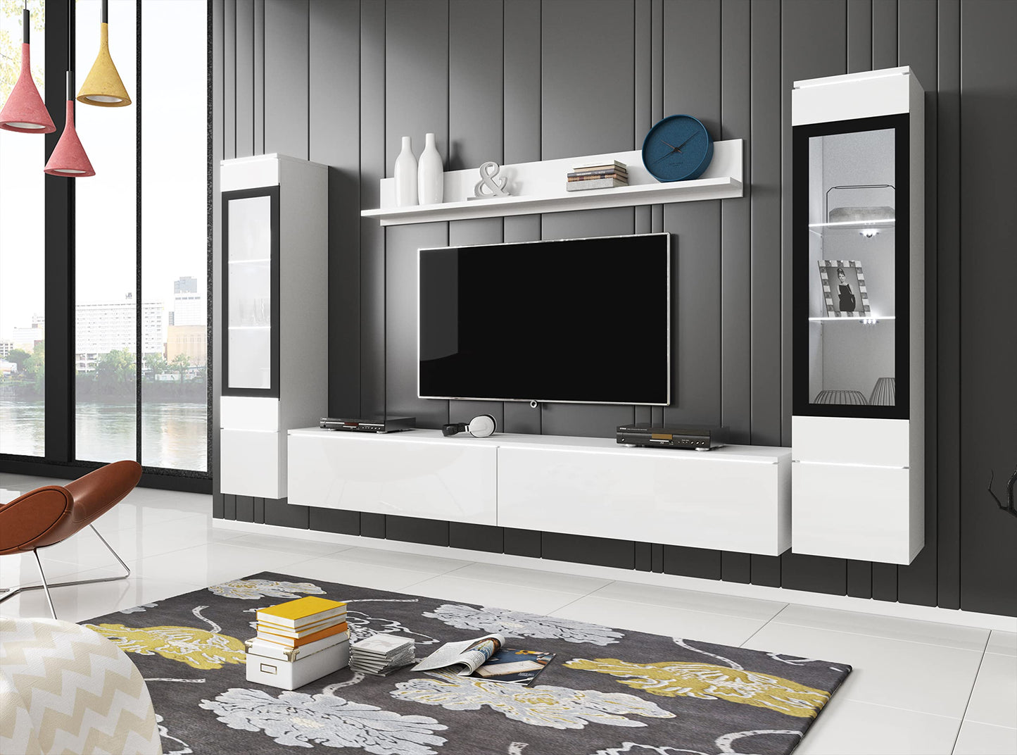 MINIO go for it Veve 2, 4-Piece Wall Unit Set, Hanging or Standing, 2 x Tall Cabinet Display Cabinets, Lowboard, Wall Board, Laminated Clamping Plate, Wotan Oak and Black Gloss, without Lighting