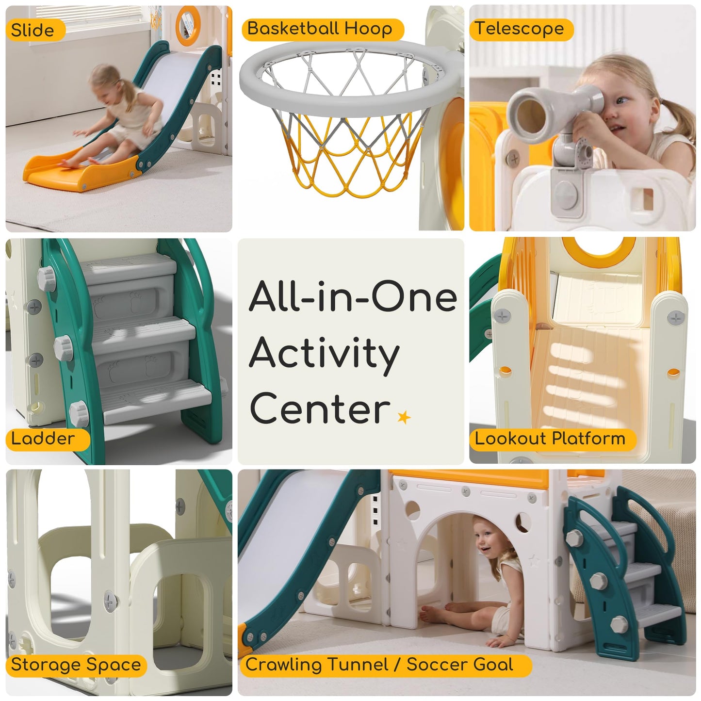 hoopyosms Kinder Rutsche mit Kletterleiter, Tunnel, Basketballkorb & Teleskop, Indoor- und Outdoor-Montessori-Spielset zur Förderung von Motorik & Gleichgewicht für Kleinkinder, Gelb & Grün