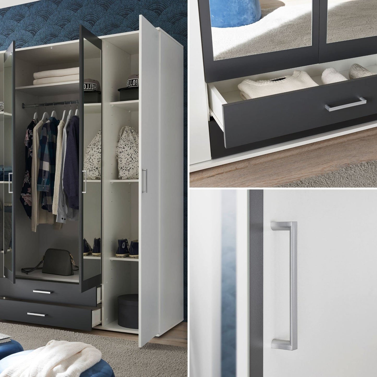 Stella Trading HANAU Wardrobe with Mirror Door in White, Graphite, Versatile Hinged Door Cupboard, 4 Doors for Your Bedroom, 160 x 196 x 54 cm (W x H x D)