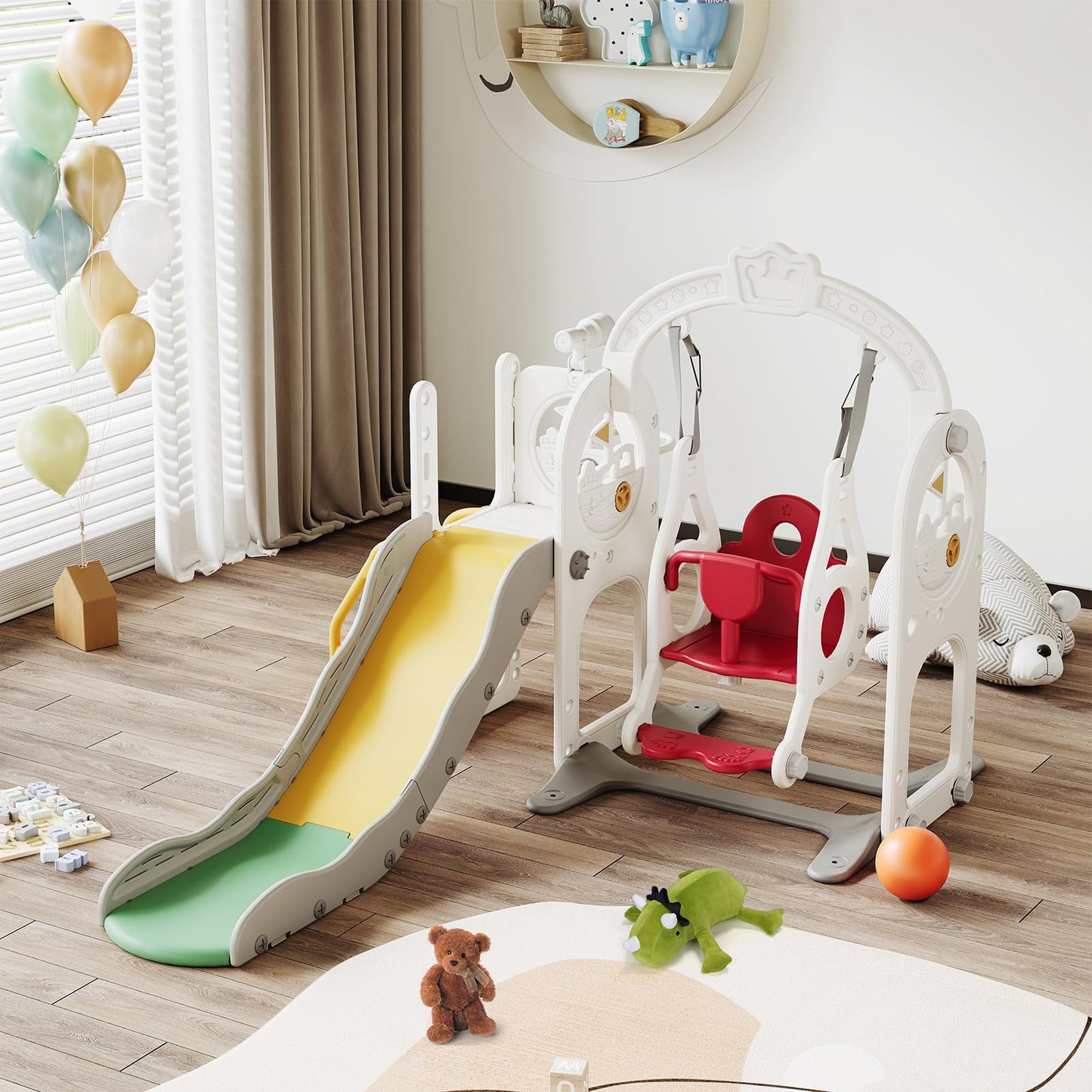 DADEA 6 in 1 Kinderrutsche mit Korb, Rutsche und Schaukel für Kinder im Freien Grün, 150 × 150 × 115 cm, Babyschaukel und Rutsche für Kinder zu Hause Schaukel Kinderrutsche, Grün