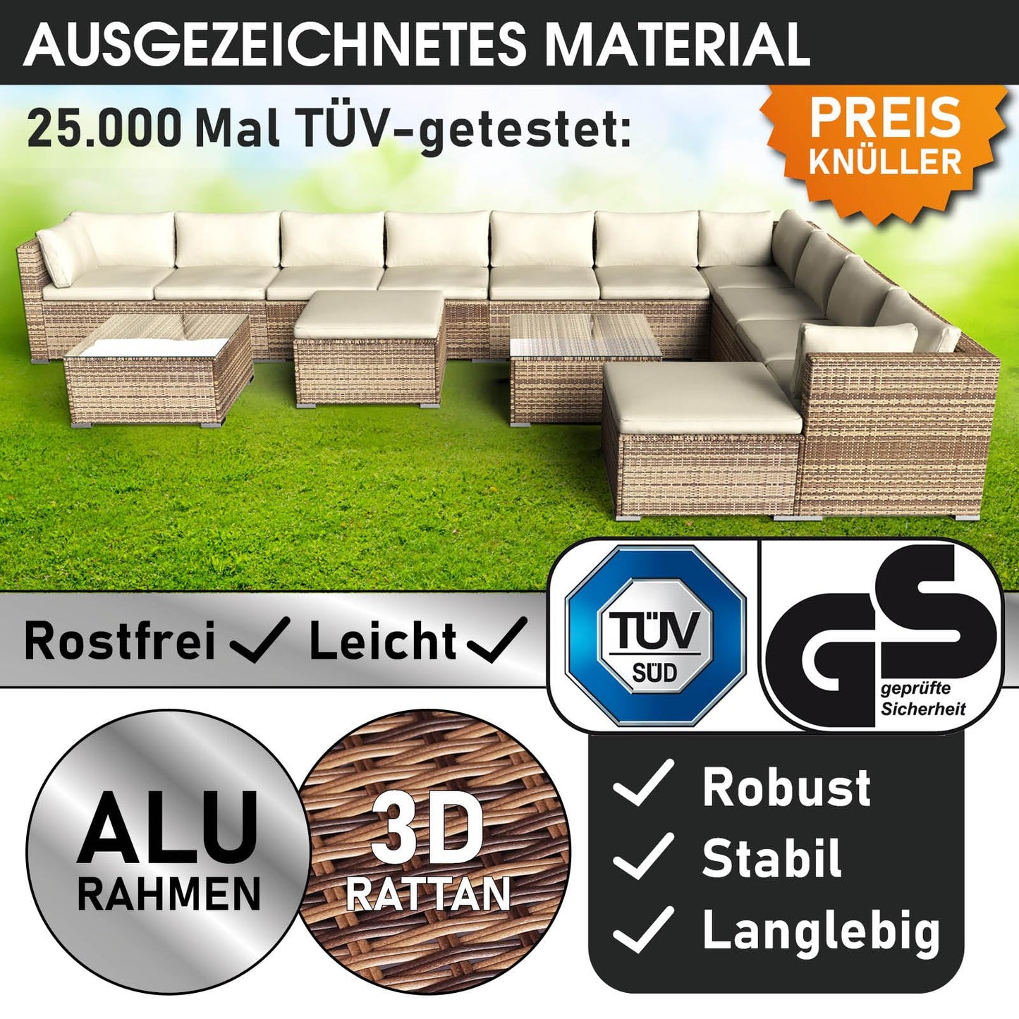 BRAST® Gartenmöbel Lounge Set XXL | 8-12 Personen viele Modelle & Farben | inkl. extra Dicke Kissen | TÜV geprüft | Outdoor Loungemöbel Sitzgruppe Essgruppe Garnitur | Dreams Grau