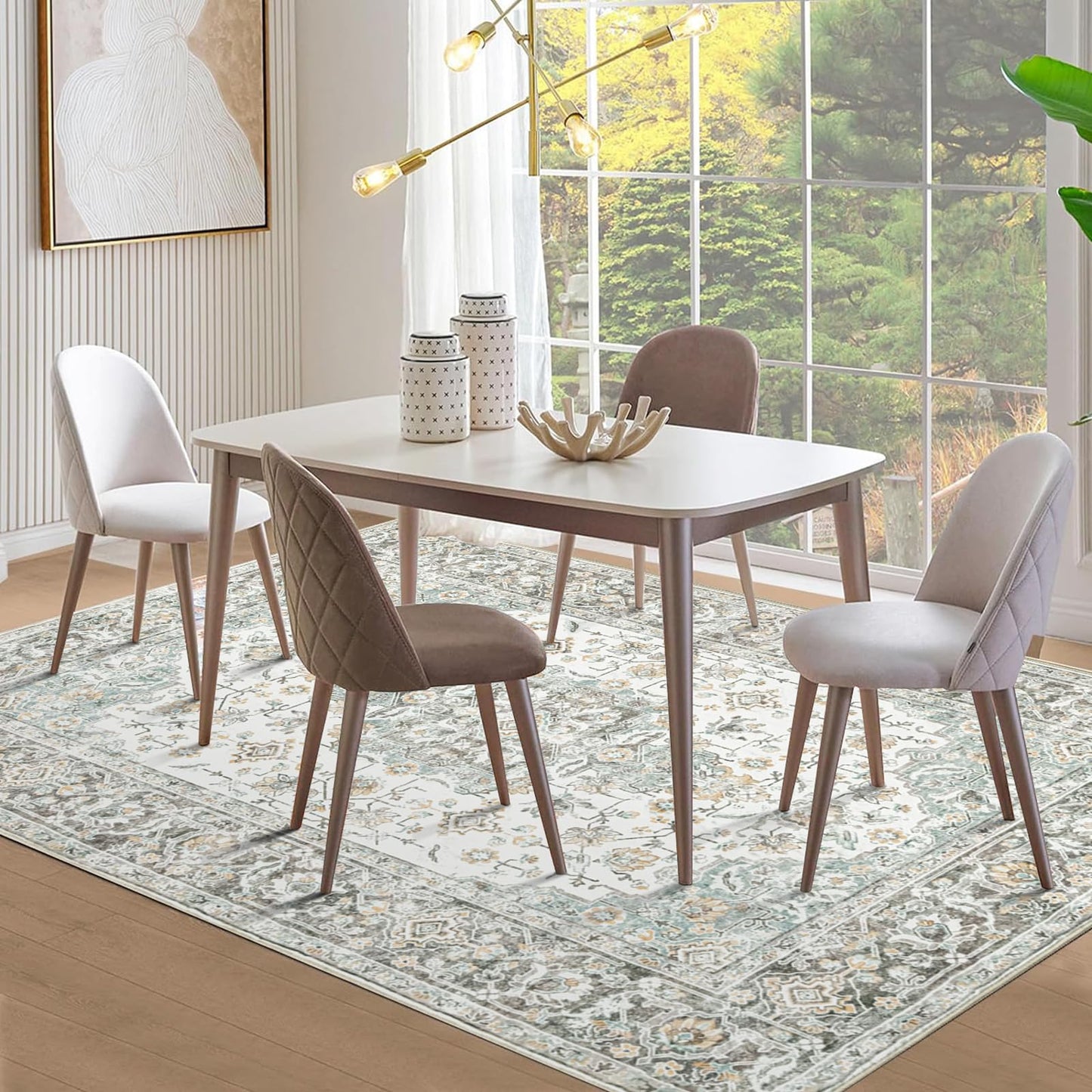 WONGS BEDDING Boho Rug Living Room Bedroom Short Pile Rugs Washable Soft Non-Slip Vintage Design