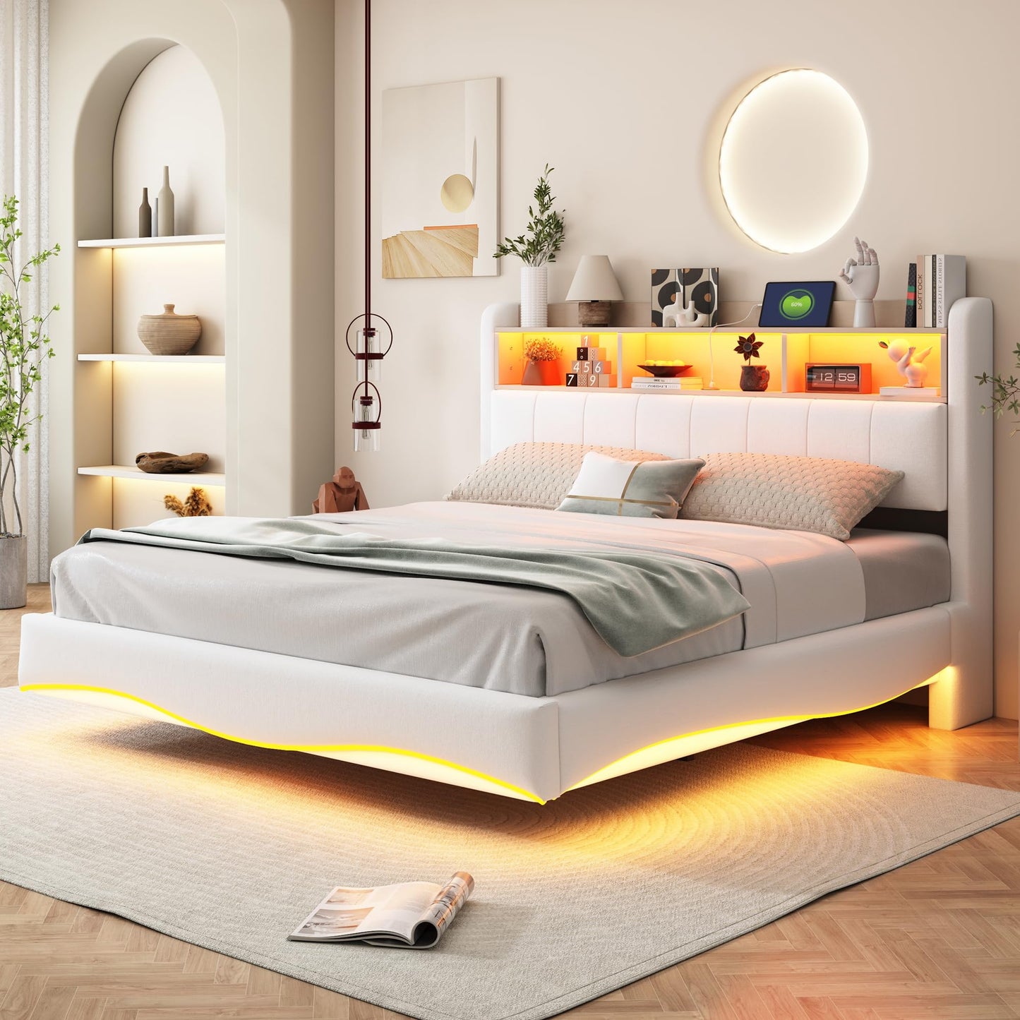 LAKFEW Polsterbett 140X200 cm, Doppelbett Stauraumbett mit LED-Beleuchtung, Erwachsenenbett mit USB/Typ-C, Bettgestell Bett mit Lattenrost, Ohne Matratze, Grau, Leinen